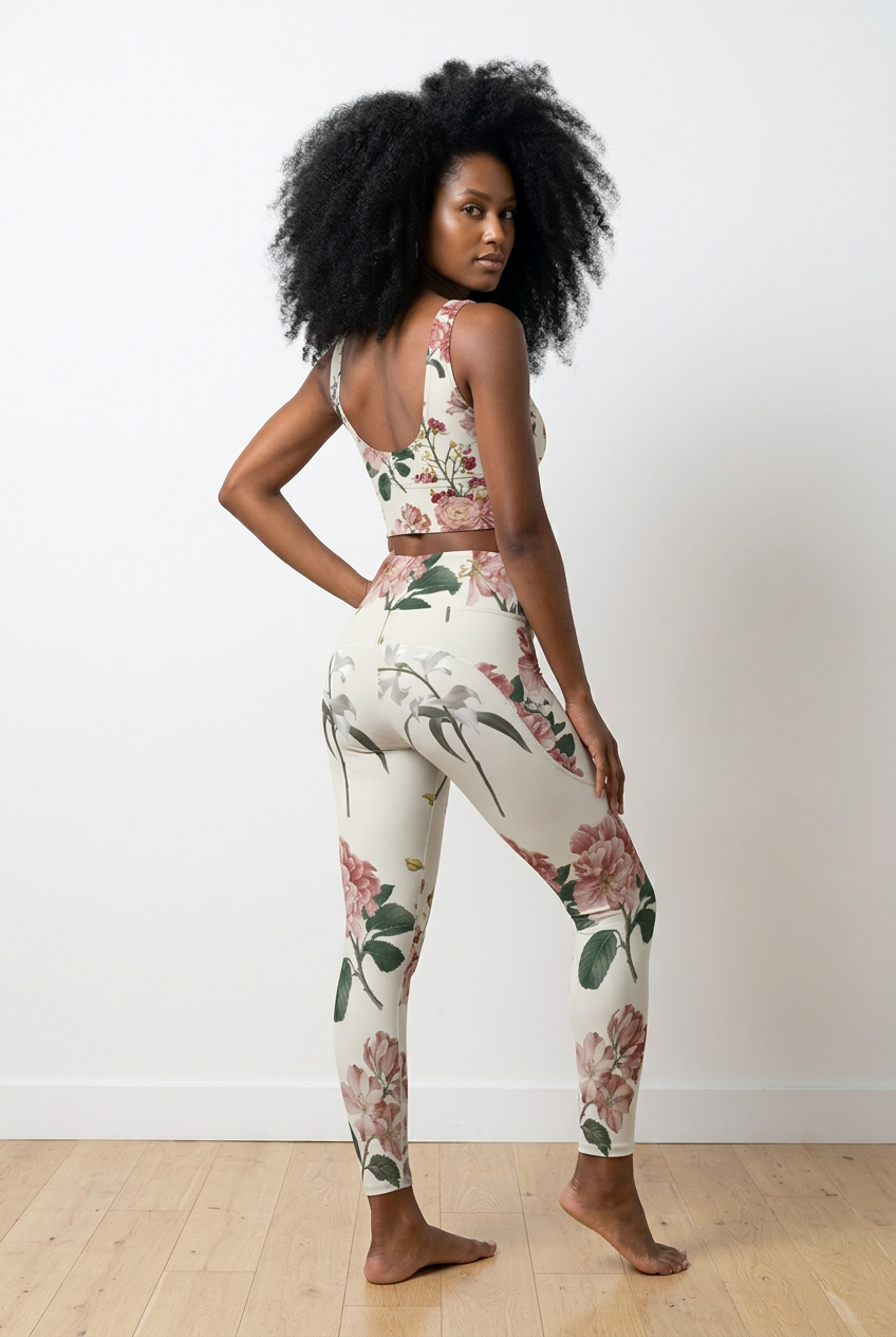 Floral pattern leggings in vibrant coral, featuring a high-rise waist and side pockets, worn with white sneakers.