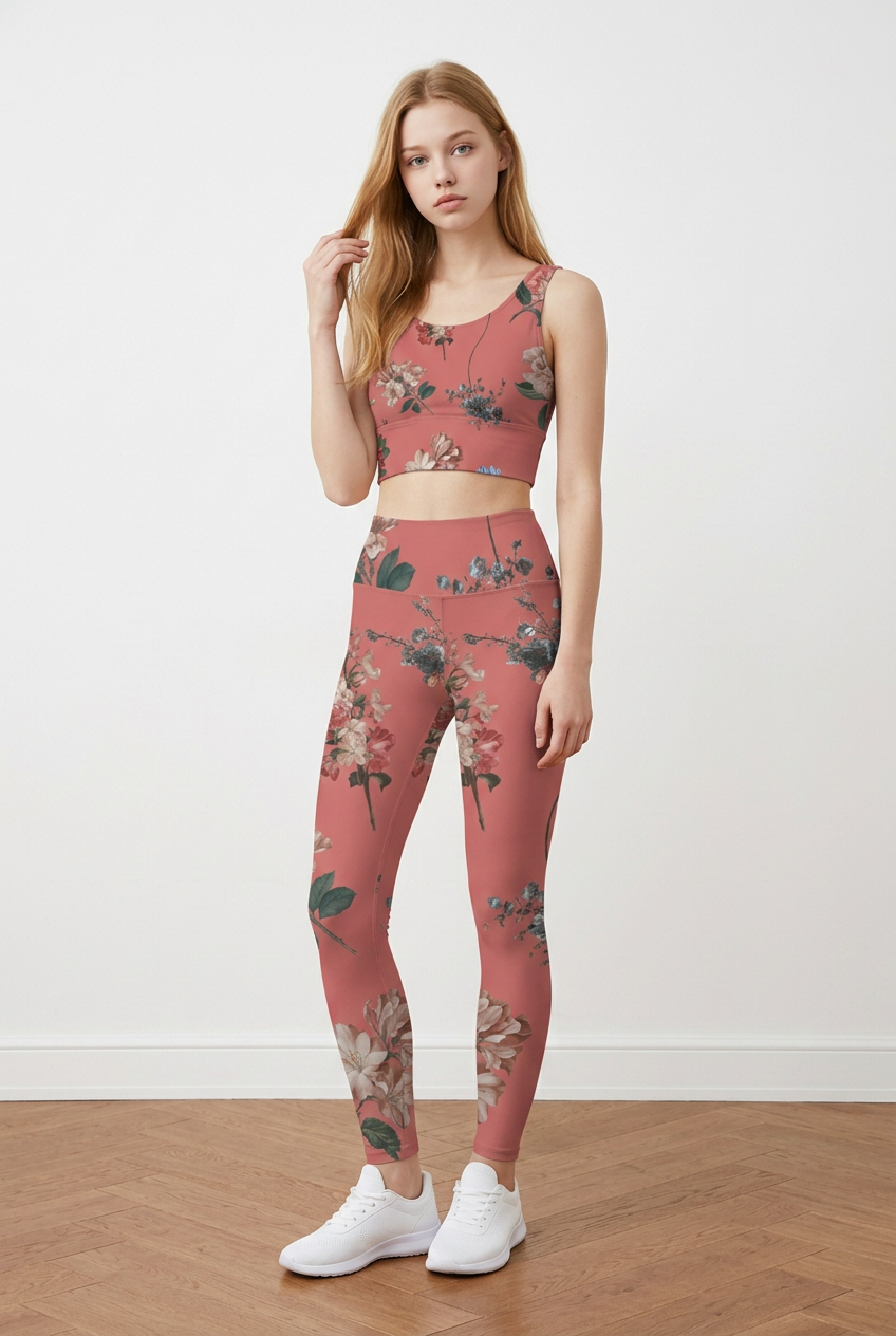 Floral pattern leggings in vibrant coral, featuring a high-rise waist and side pockets, worn with white sneakers.