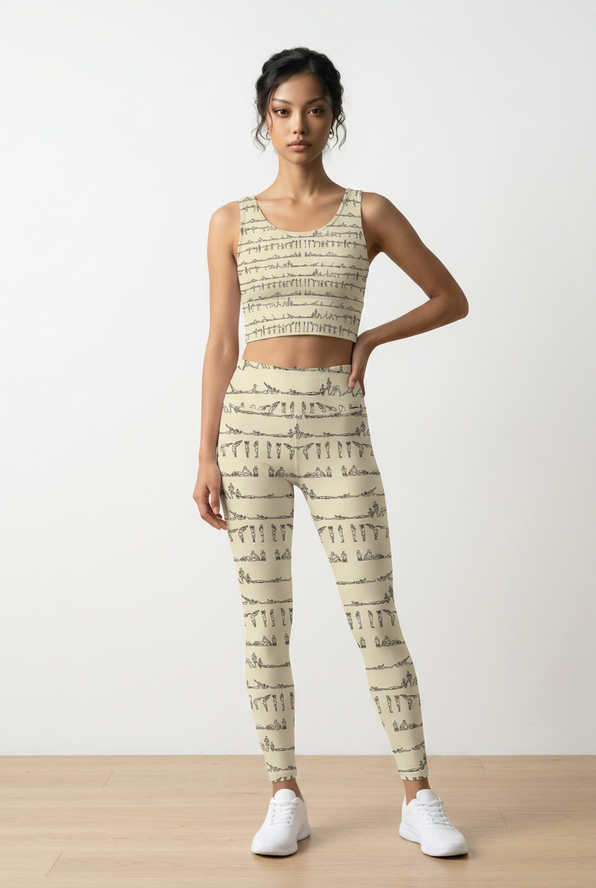 Bikram Pastel iSquared Pocket Leggings in cream with black yoga poses print, featuring a high-rise waistband and side pocket.