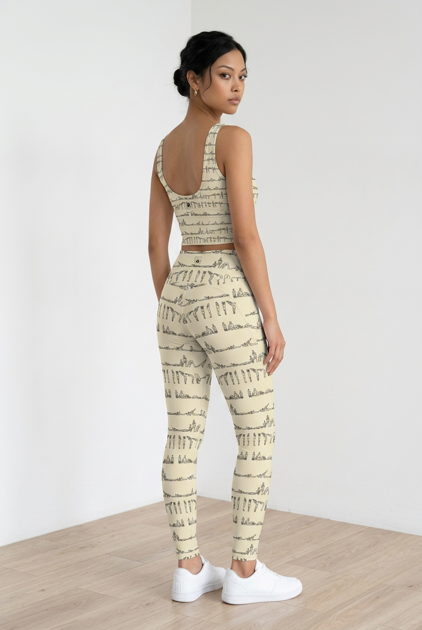 Bikram Pastel iSquared Pocket Leggings in cream with black yoga poses print, featuring a high-rise waistband and side pocket.