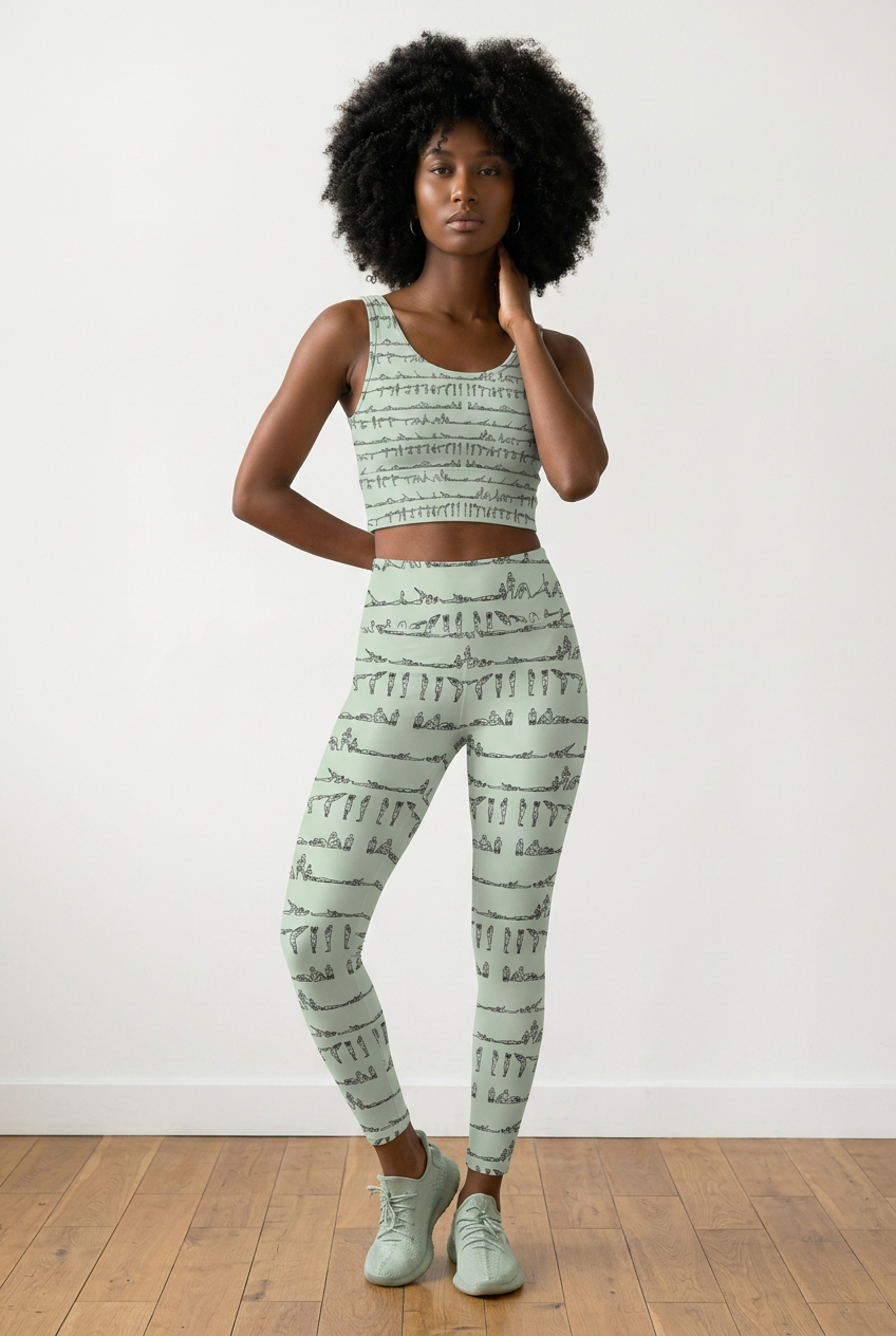 Bikram Pastel iSquared Pocket Leggings in cream with black yoga poses print, featuring a high-rise waistband and side pocket.