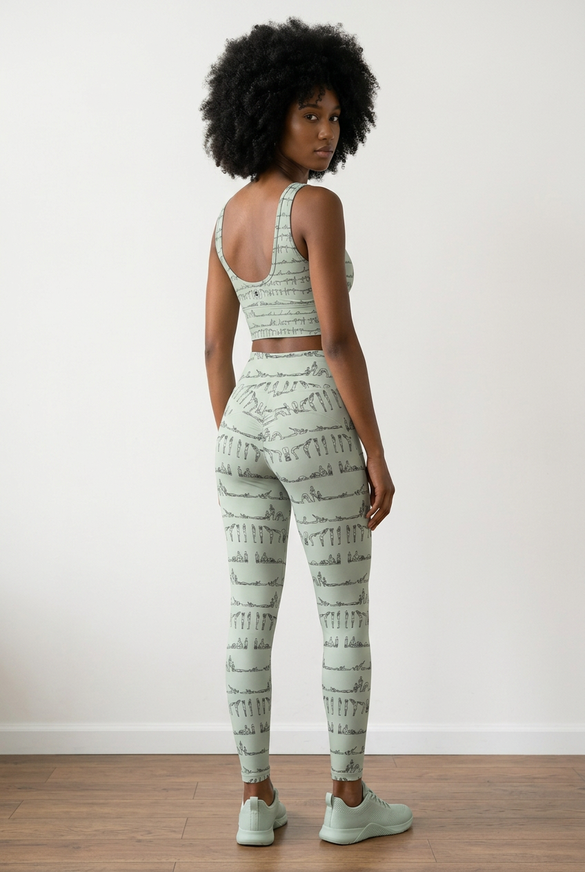 Bikram Pastel iSquared Pocket Leggings in cream with black yoga poses print, featuring a high-rise waistband and side pocket.