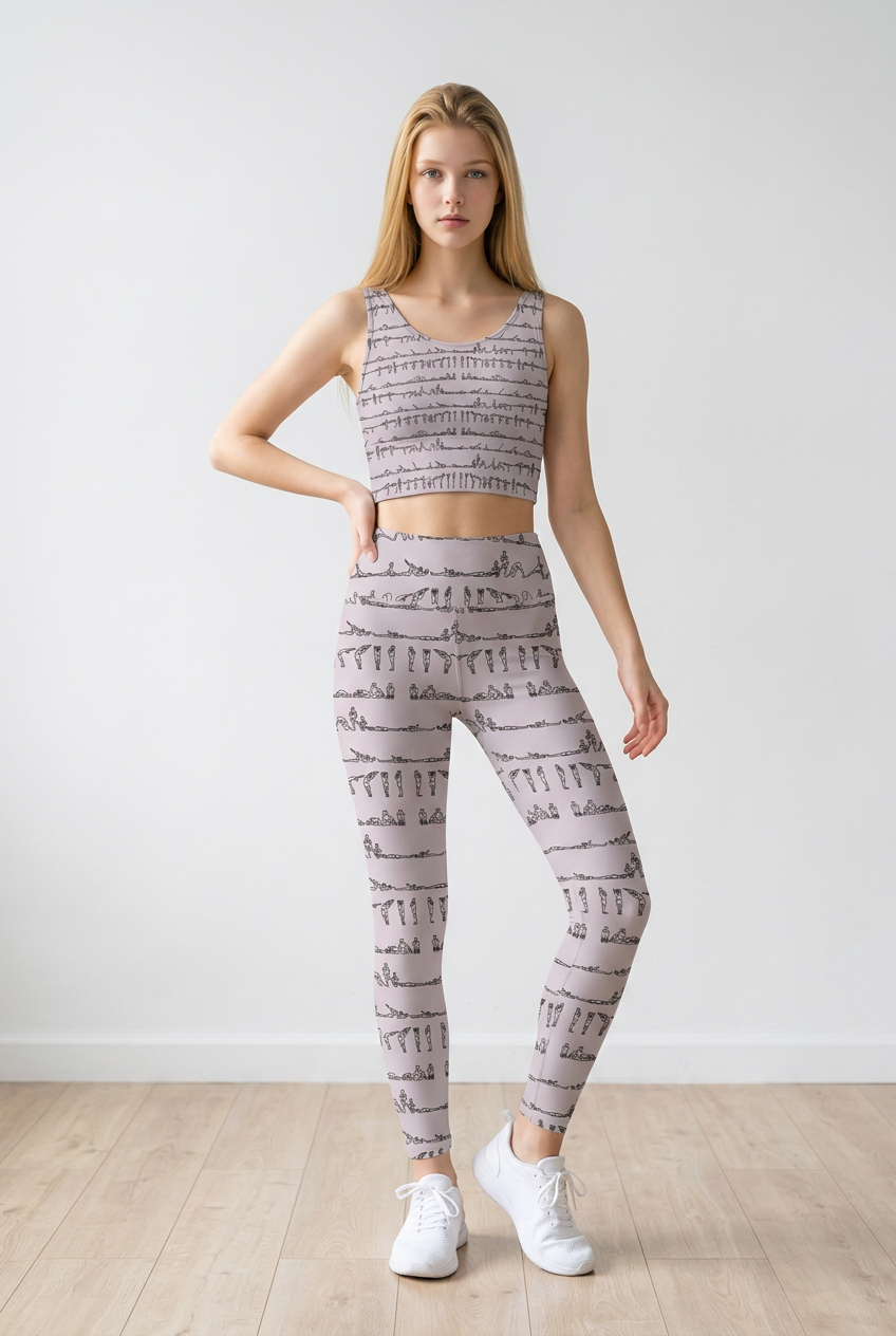 Bikram Pastel iSquared Pocket Leggings in cream with black yoga poses print, featuring a high-rise waistband and side pocket.