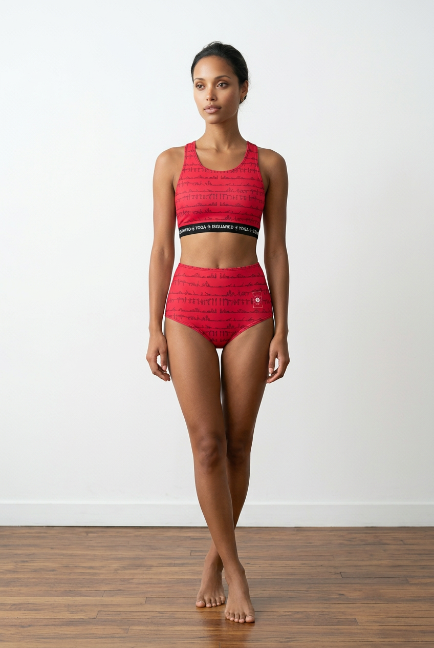 Neon red Bikram Series hot yoga bikini set featuring a crop top and high-waisted bottoms with a bold script pattern.