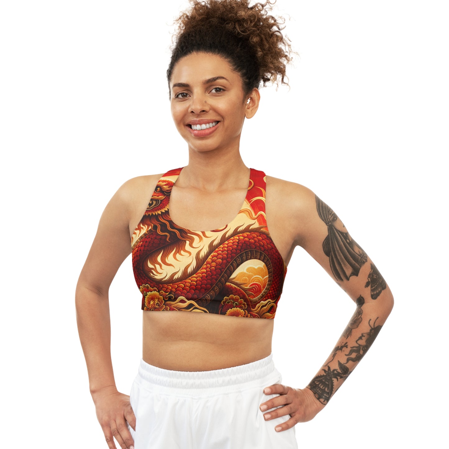 "Golden Dragon Dance in the Crimson Twilight" - Seamless Sports Bra