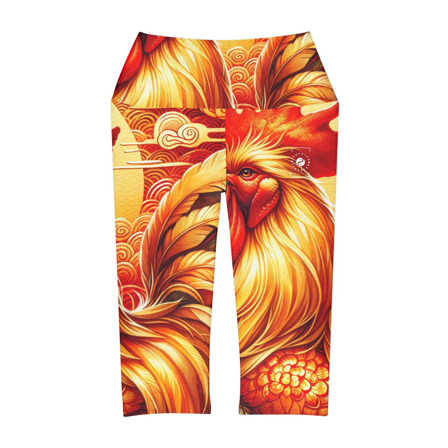 "Crimson Dawn: The Golden Rooster's Rebirth" - High Waisted Capri Leggings