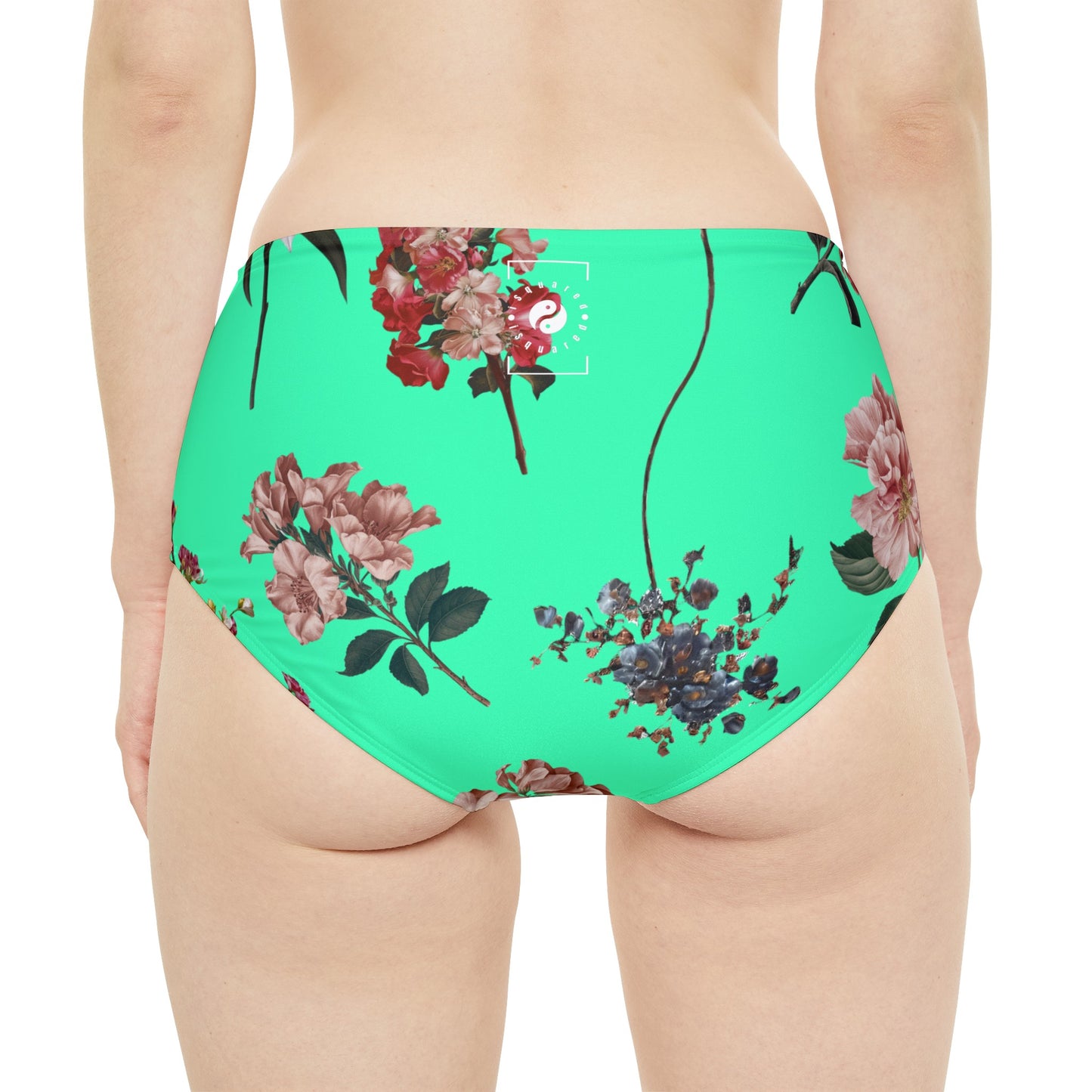 Botanicals on Turquoise - High Waisted Bikini Bottom