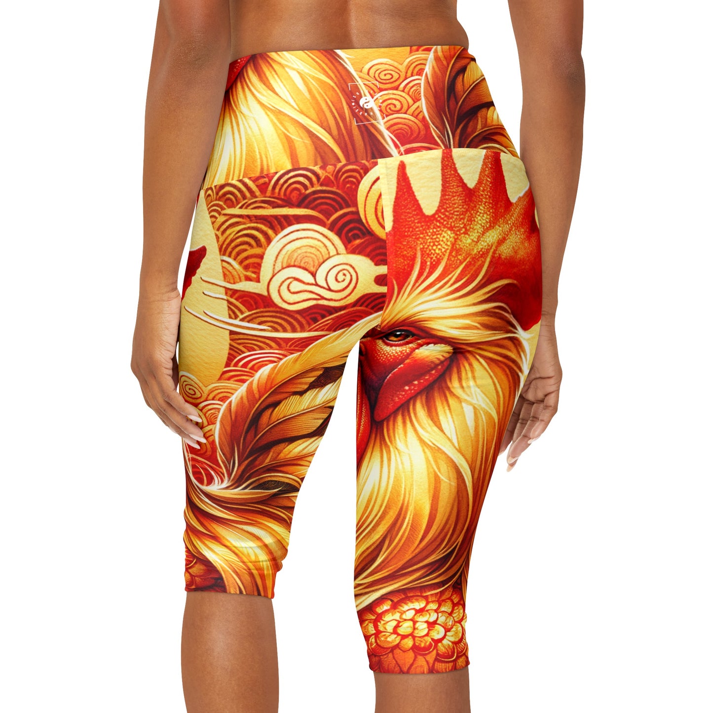 "Crimson Dawn: The Golden Rooster's Rebirth" - High Waisted Capri Leggings