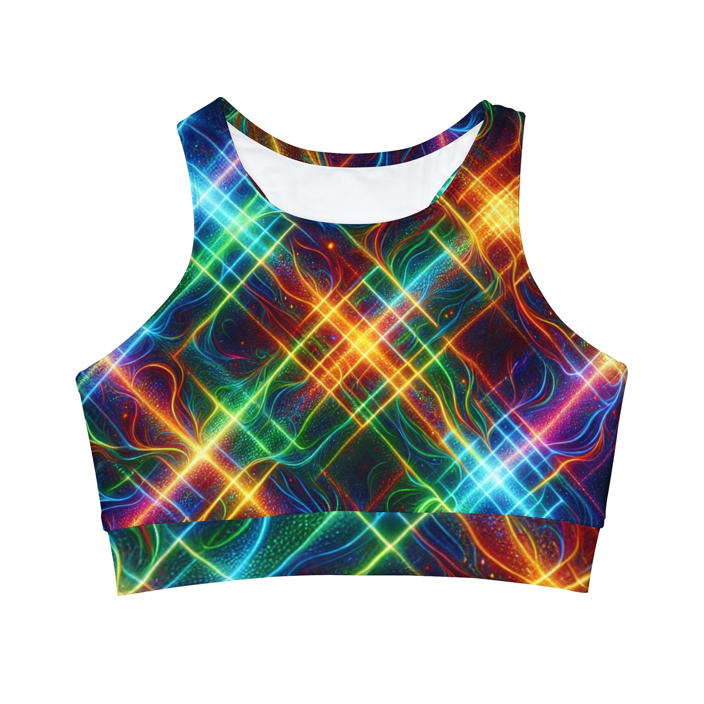 "Neon Plaid Luminosity Matrix" - High Neck Crop Top