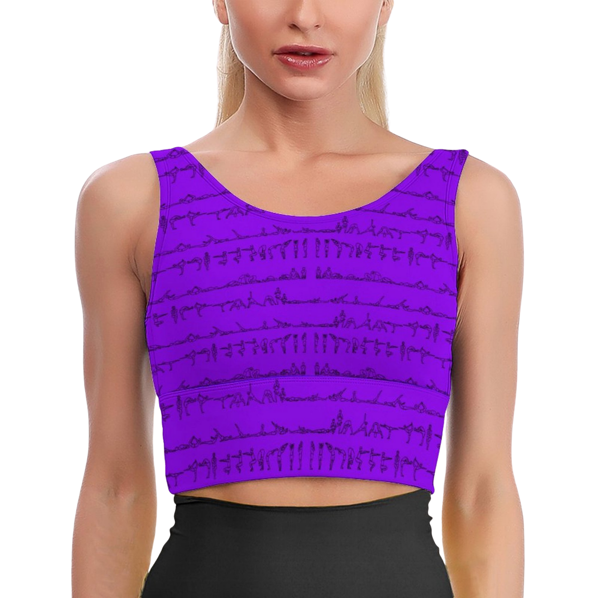 Bikram Series iSquared Crop Top with all-over yoga pose print, padded support, cropped fit, and U-back design