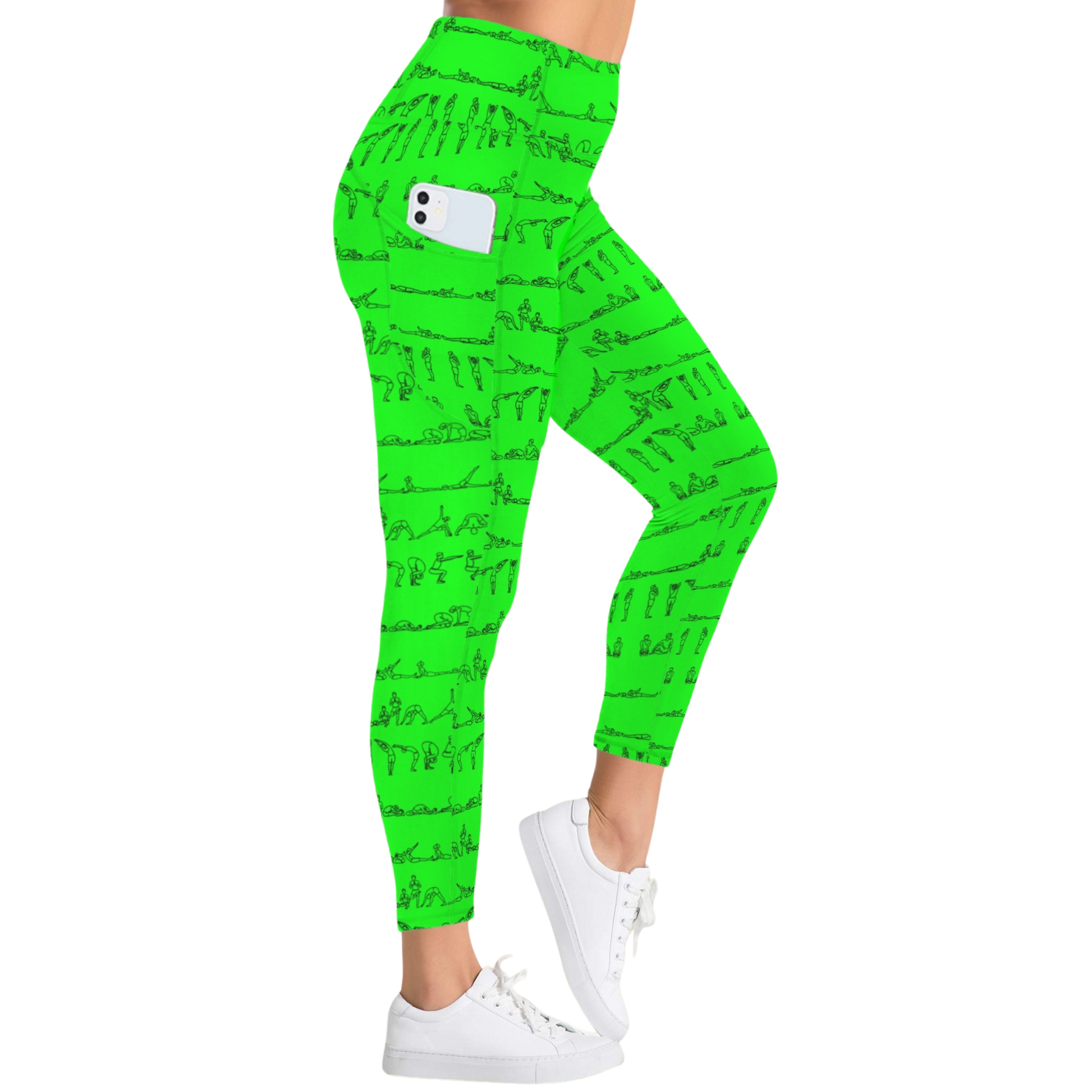 Bright green leggings featuring a unique black line drawing print of yoga postures, with a side pocket holding a phone.