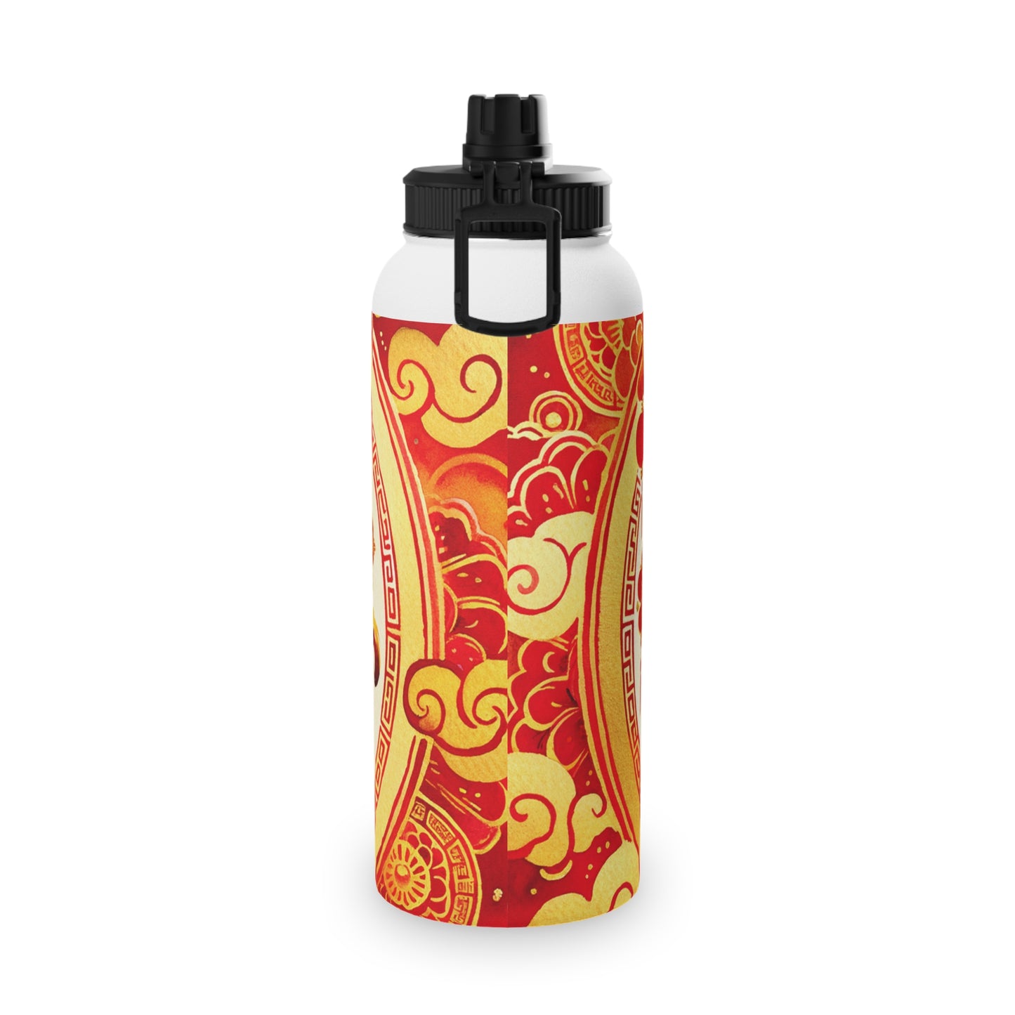 "Golden Simian Serenity in Scarlet Radiance" - Sports Water Bottle