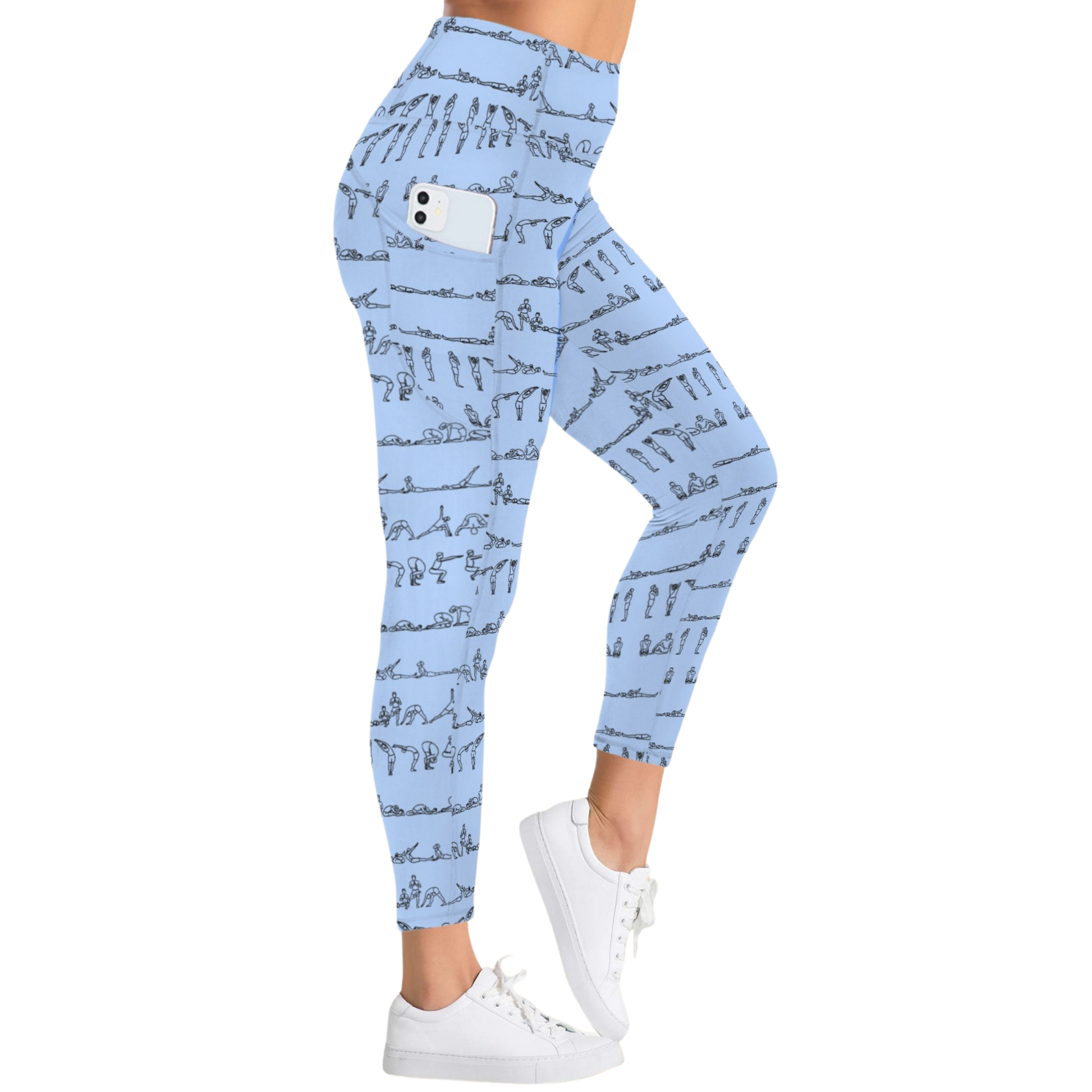 Bikram Pastel iSquared Pocket Leggings in light blue, featuring yoga pose patterns, high-rise fit, and side pockets.