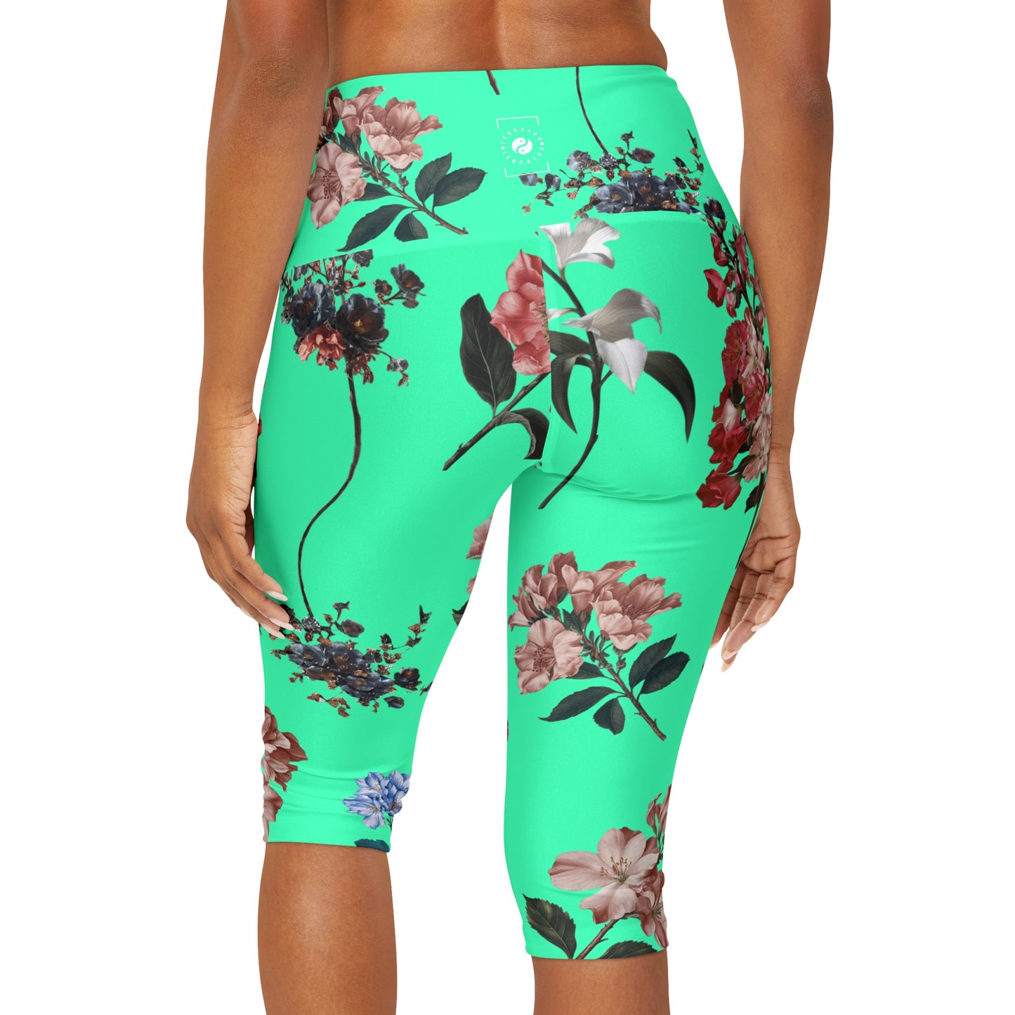 Botanicals on Turquoise - High Waisted Capri Leggings