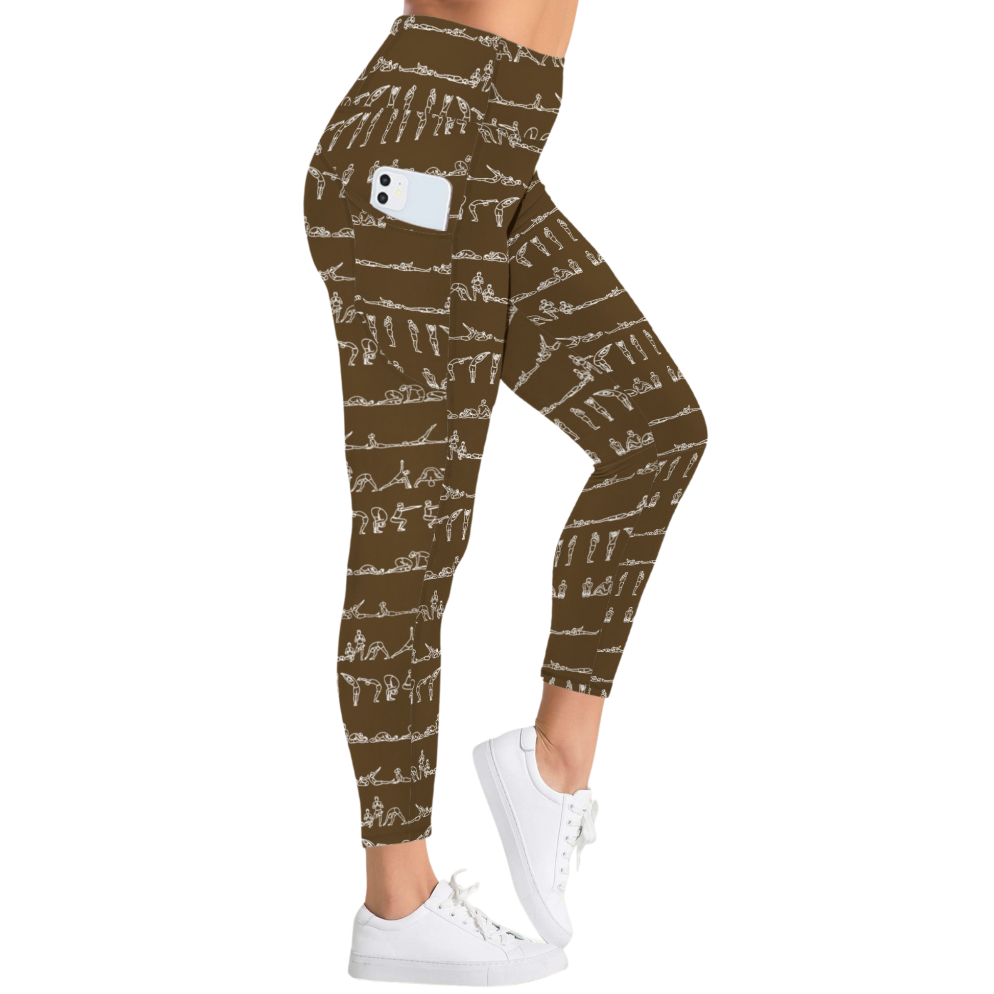 Bikram Ember pocket leggings in brown with white yoga pose graphics, high-rise fit, worn with white sneakers.