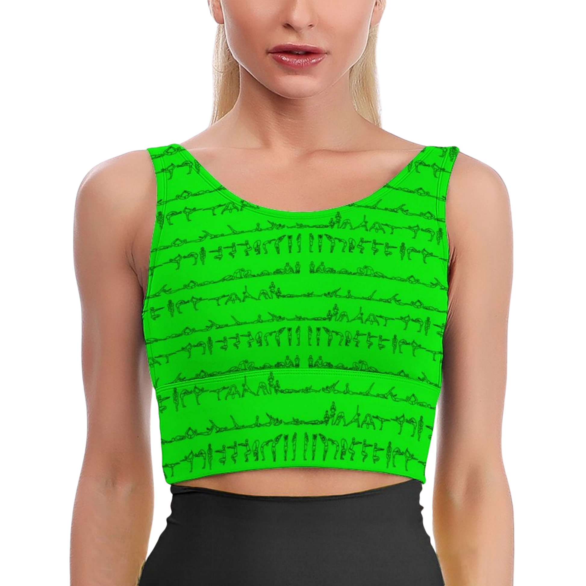 Bikram Series iSquared Crop Top with all-over yoga pose print, padded support, cropped fit, and U-back design