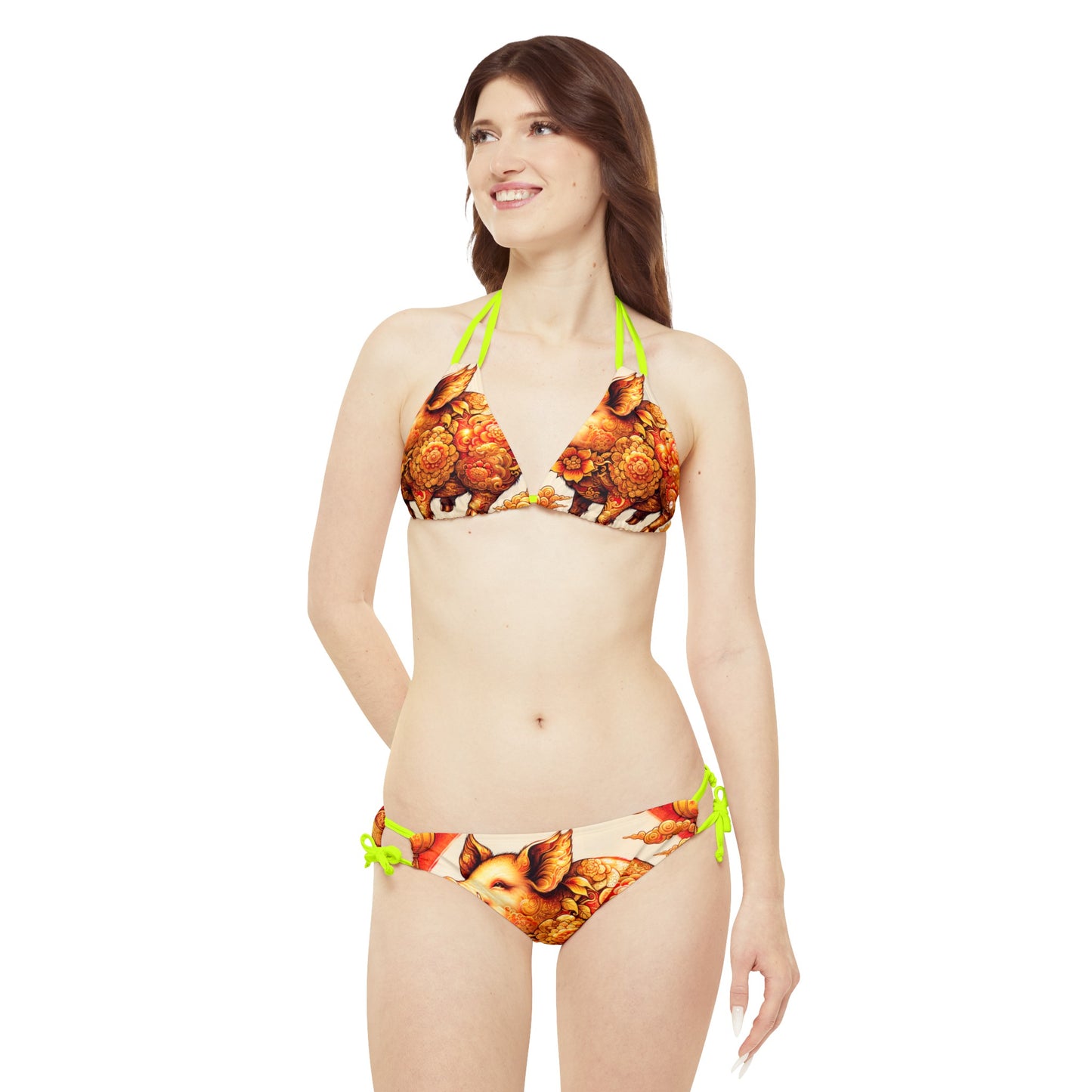 "Golden Prosperity: The Divine Swine Celebration" - Lace-up Bikini Set