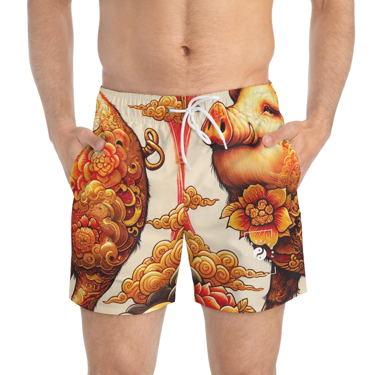 "Golden Prosperity: The Divine Swine Celebration" - Swim Trunks for Men