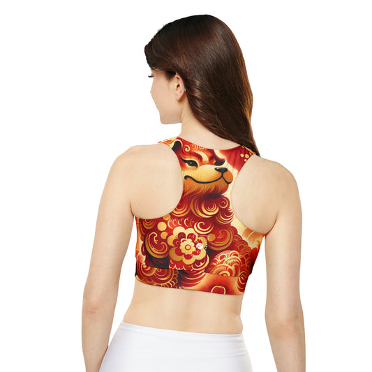 "Golden Canine Emissary on Crimson Tide: A Chinese New Year Odyssey" - Lined & Padded Sports Bra