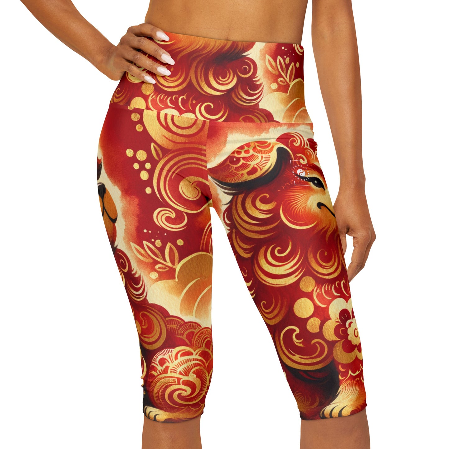 "Golden Canine Emissary on Crimson Tide: A Chinese New Year Odyssey" - High Waisted Capri Leggings