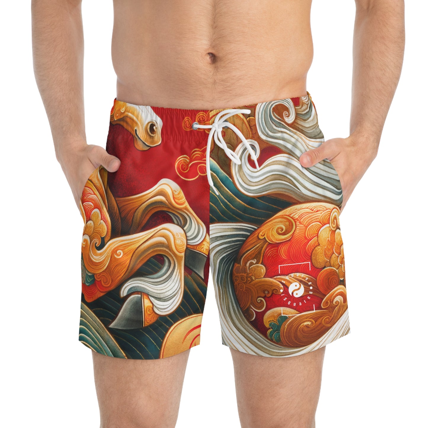 "Gold Gallop on Vermilion Vista: A Lunar New Year’s Ode" - Swim Trunks for Men