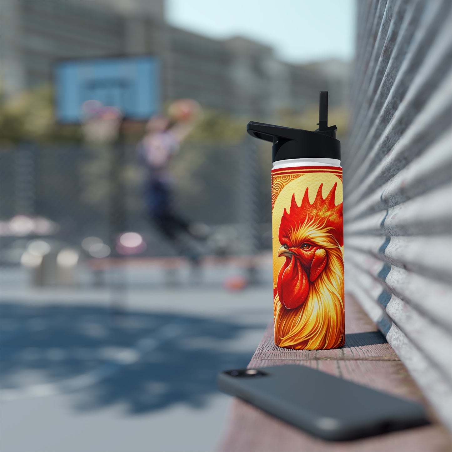 "Crimson Dawn: The Golden Rooster's Rebirth" - Water Bottle