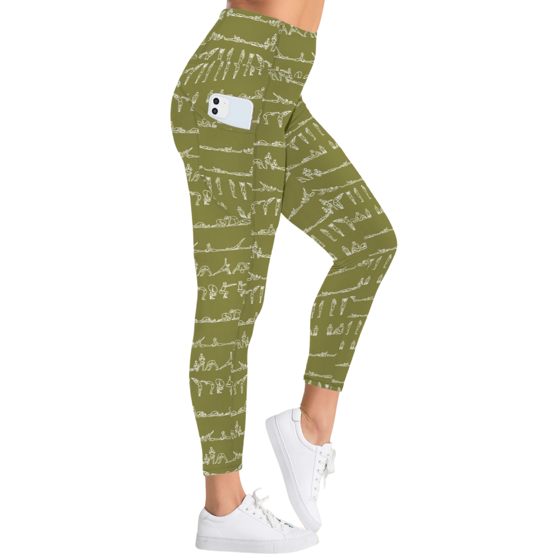 Bikram Ember pocket leggings in olive green with white yoga pose print, high-rise fit, and spacious side pockets.