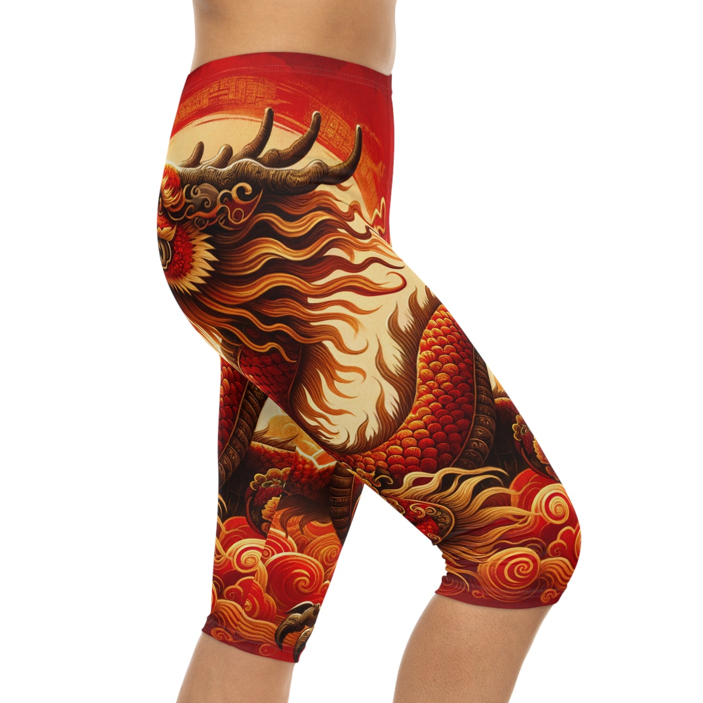 "Golden Dragon Dance in the Crimson Twilight" - Capri Shorts