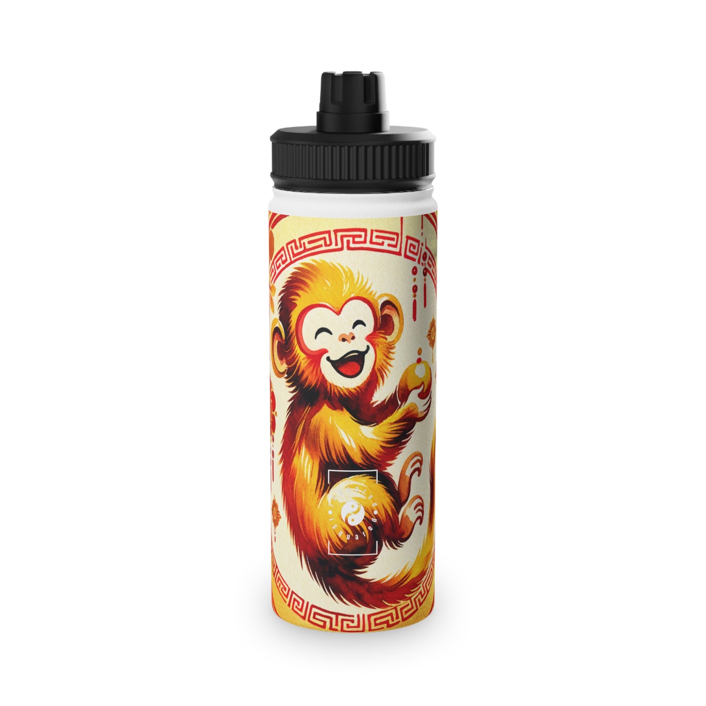 "Golden Simian Serenity in Scarlet Radiance" - Sports Water Bottle