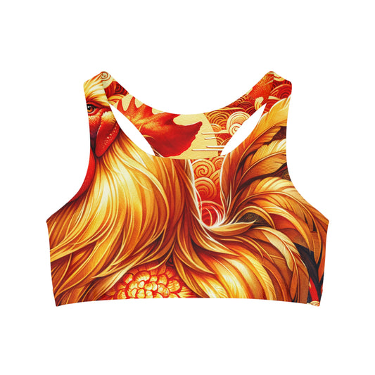 "Crimson Dawn: The Golden Rooster's Rebirth" - Seamless Sports Bra