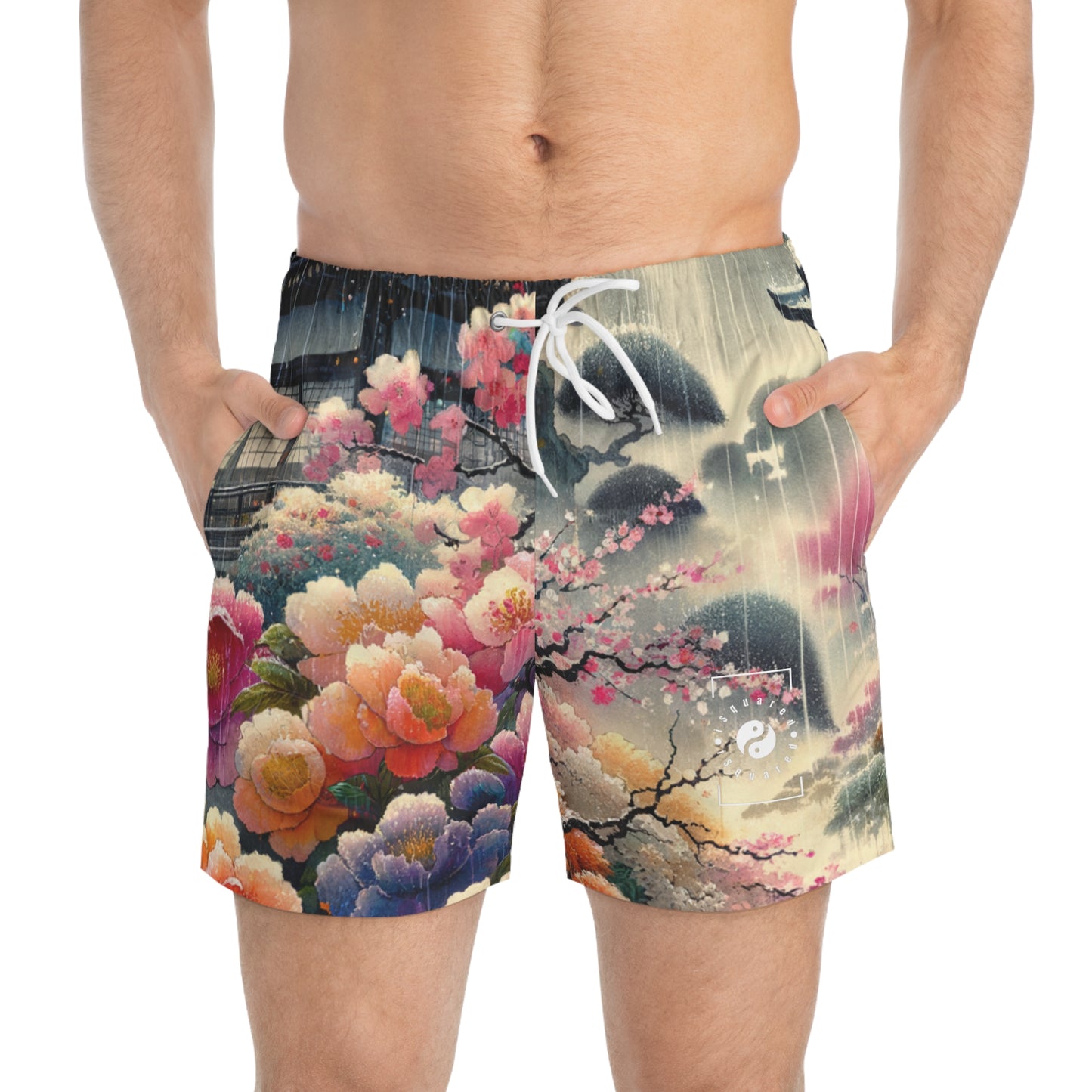 "Rain-drenched Sakura Spectrum" - Swim Trunks for Men