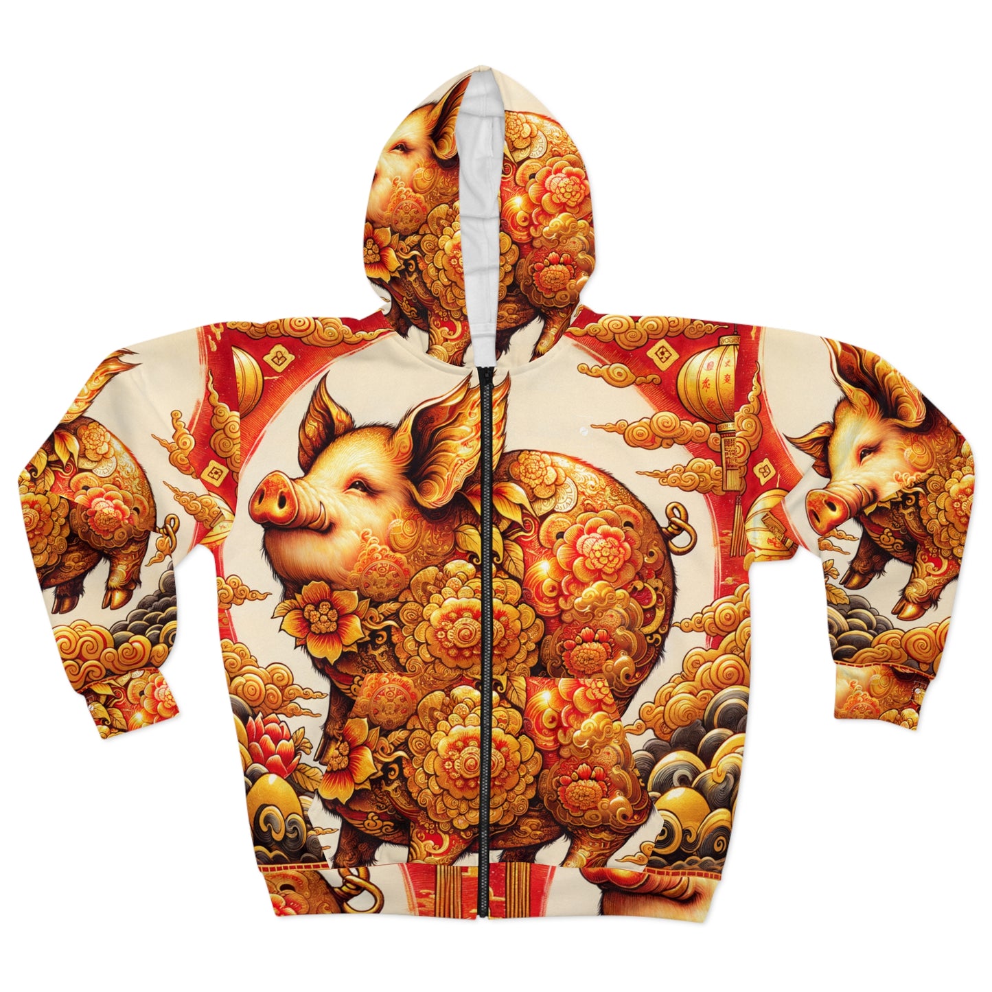 "Golden Prosperity: The Divine Boar Celebration" - Zip Hoodie