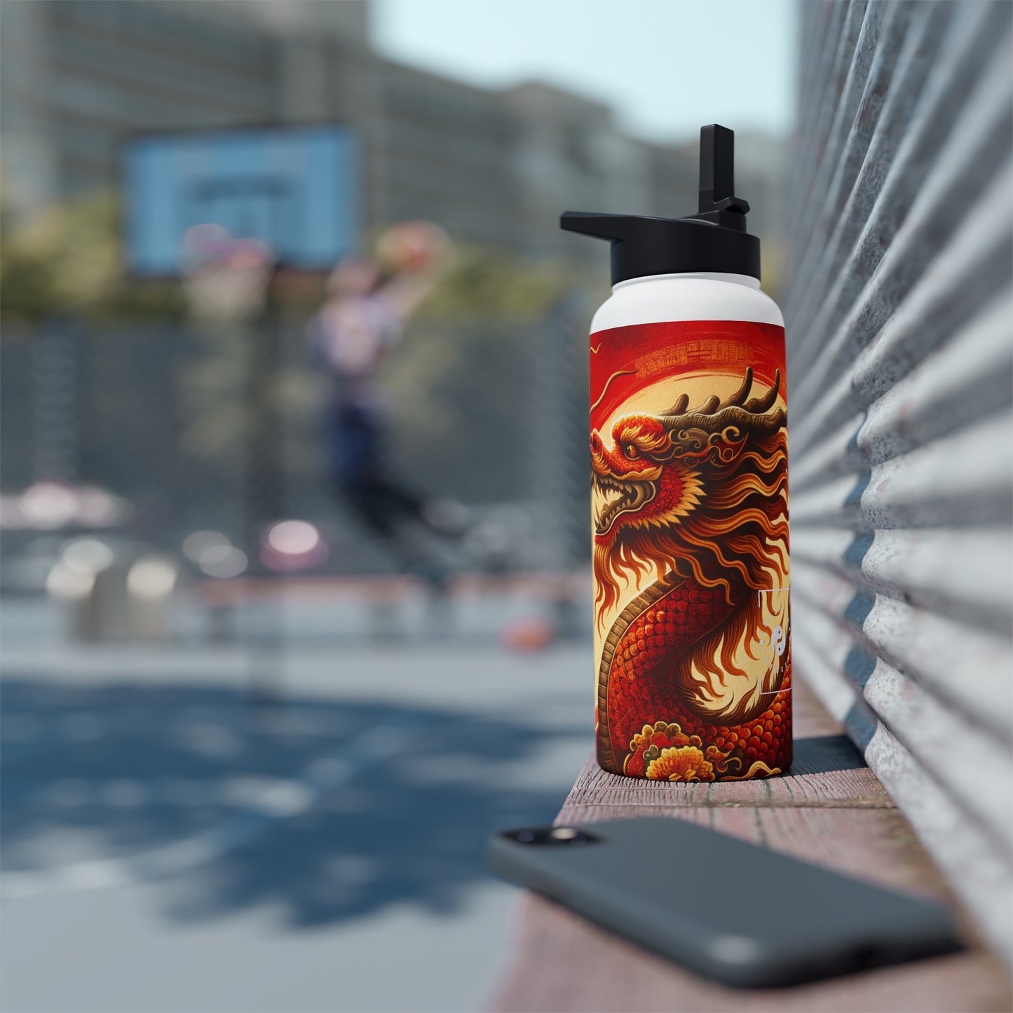 "Golden Dragon Dance in the Crimson Twilight" - Water Bottle