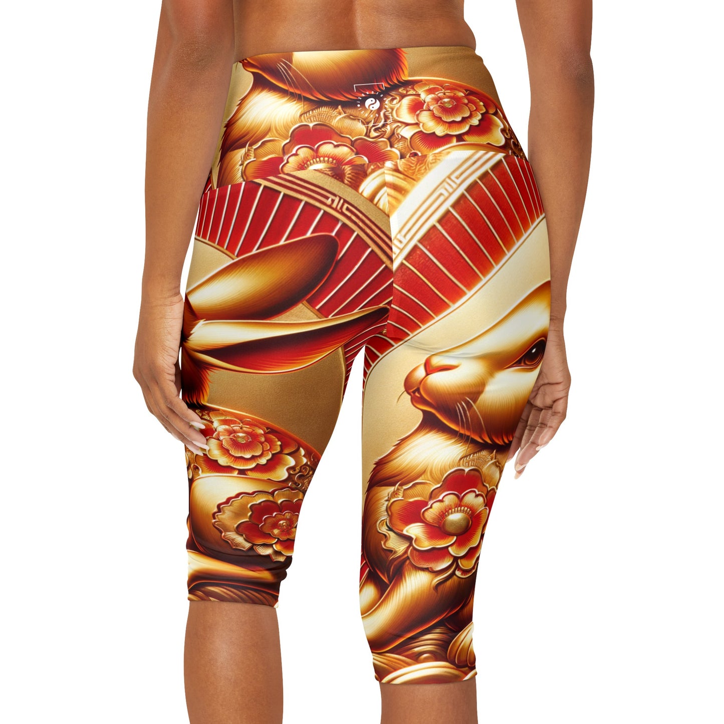 "Golden Blessings: Lunar Rabbit's Resplendence" - High Waisted Capri Leggings