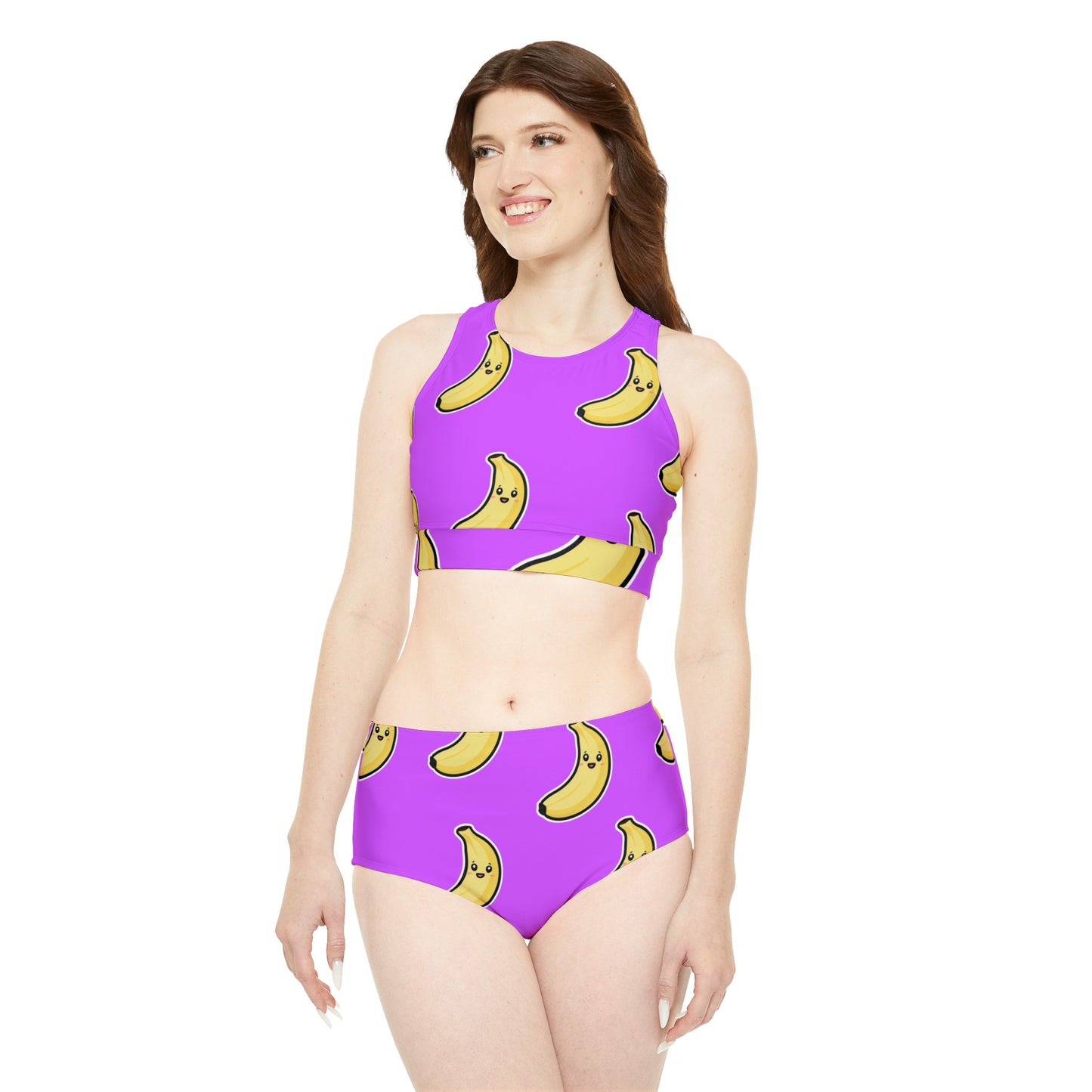 #D65BFF Violet + Banane - Ensemble bikini yoga chaud