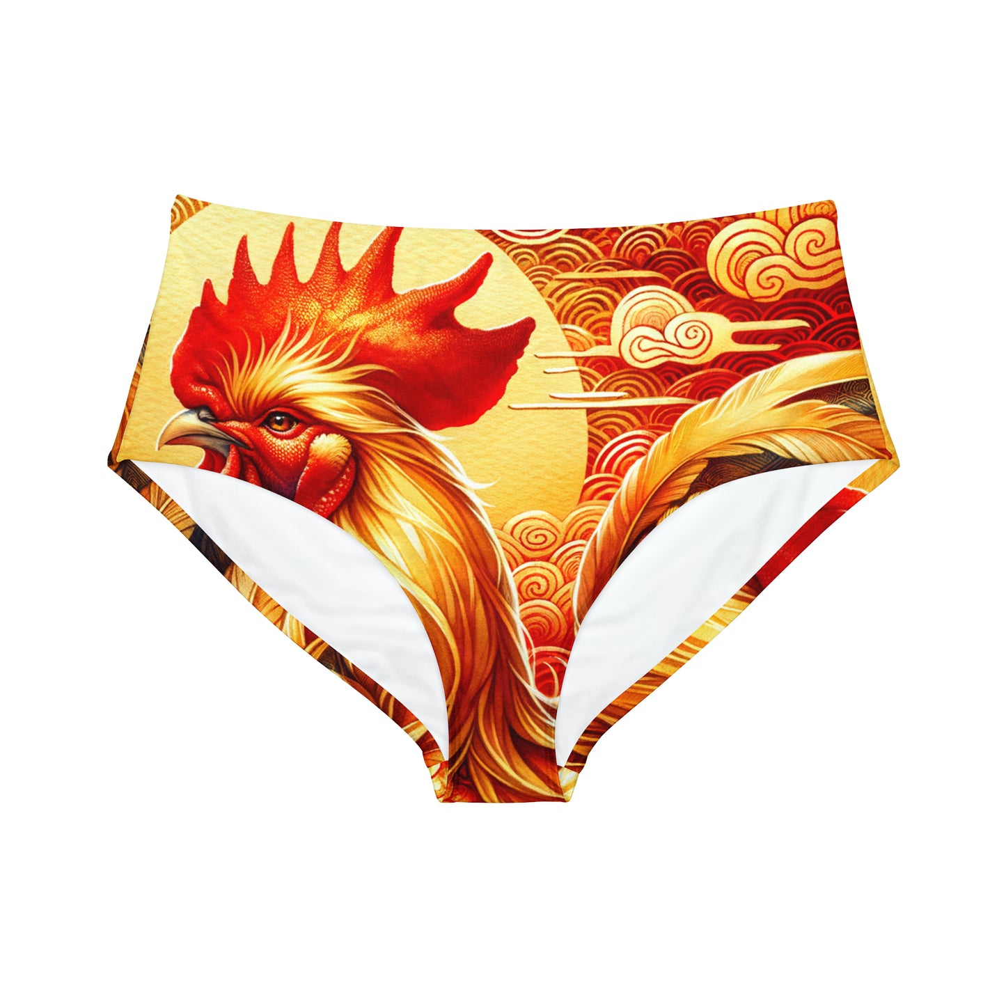 "Crimson Dawn: The Golden Rooster's Rebirth" - High Waisted Bikini Bottom