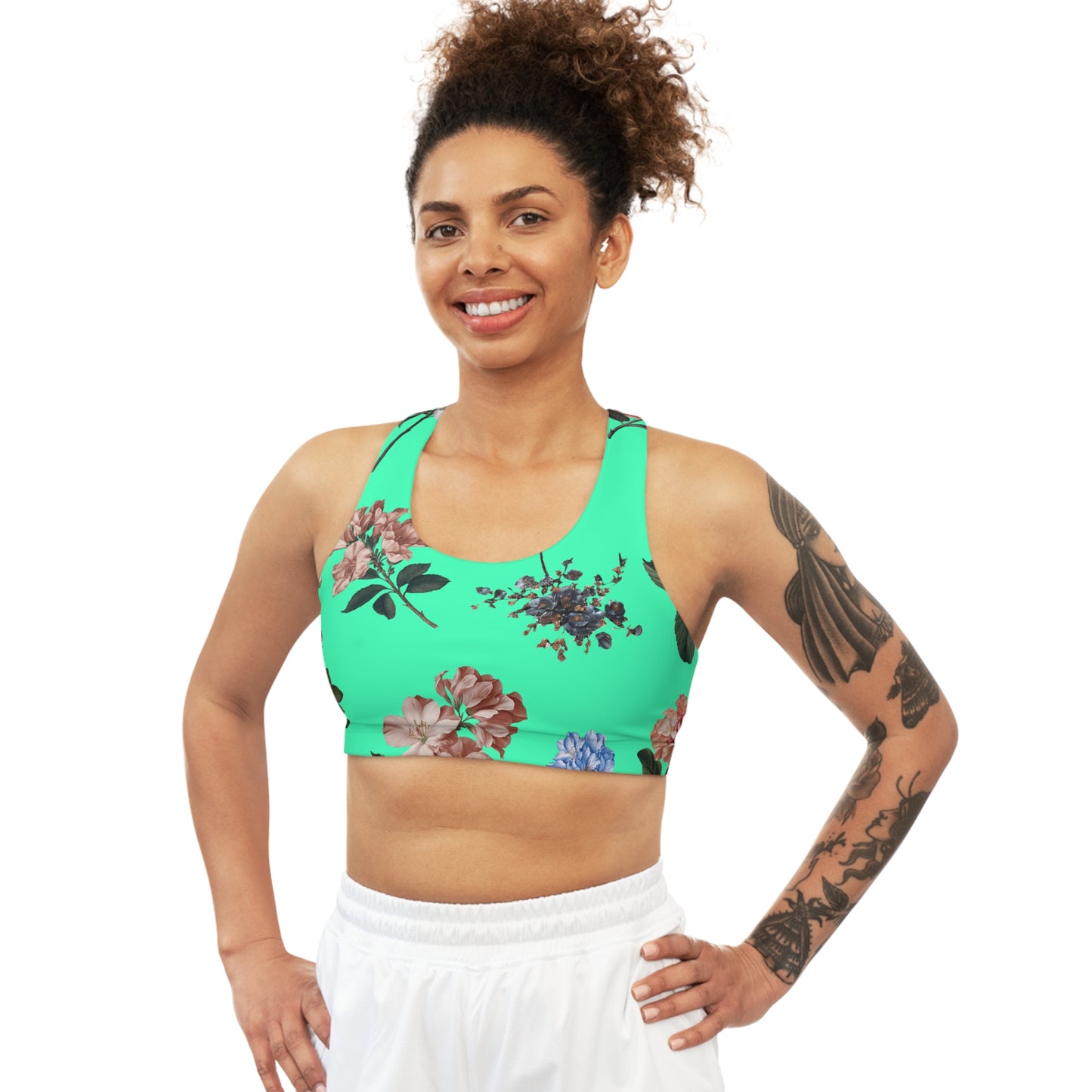 Botanicals on Turquoise - Seamless Sports Bra