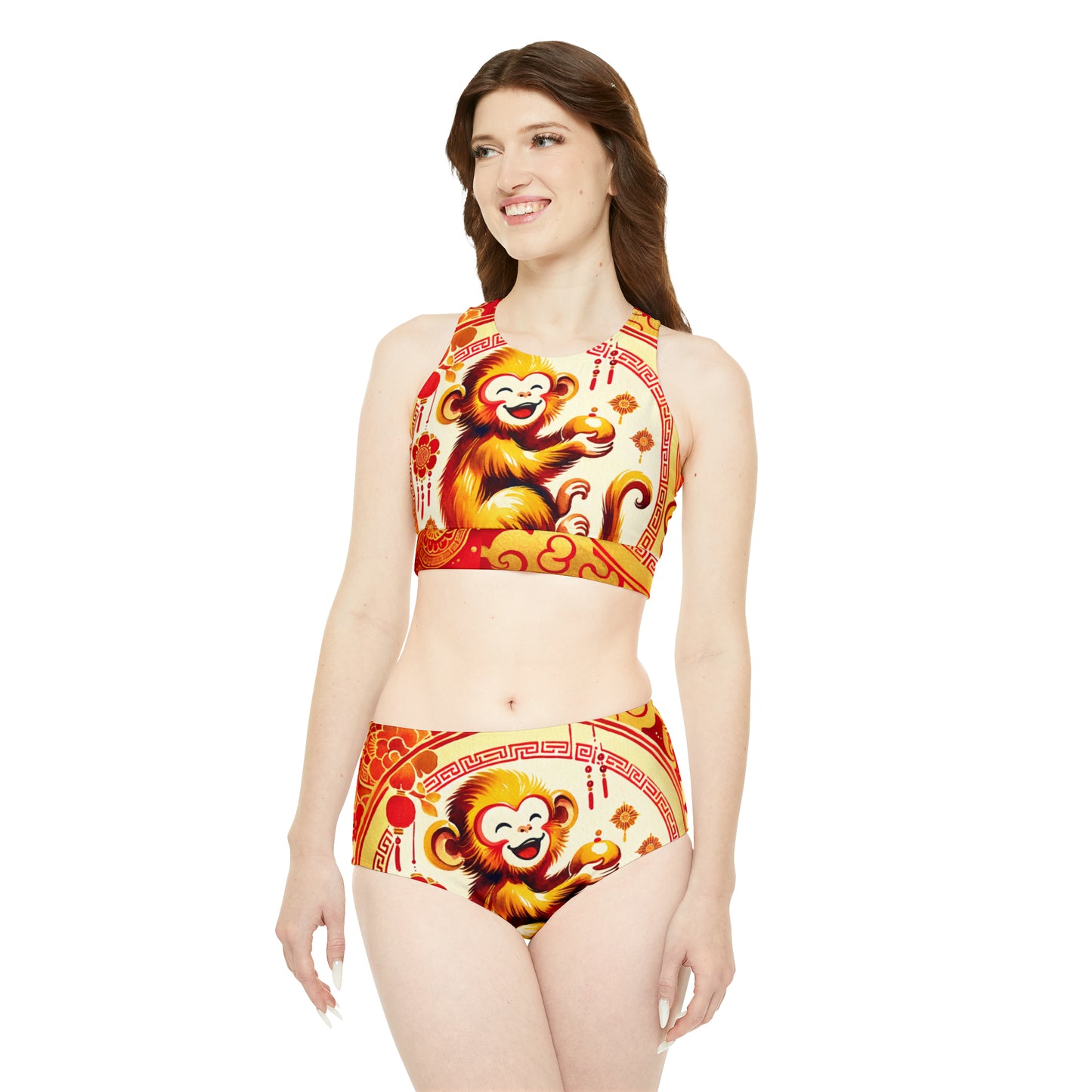 "Golden Simian Serenity in Scarlet Radiance" - Hot Yoga Bikini Set