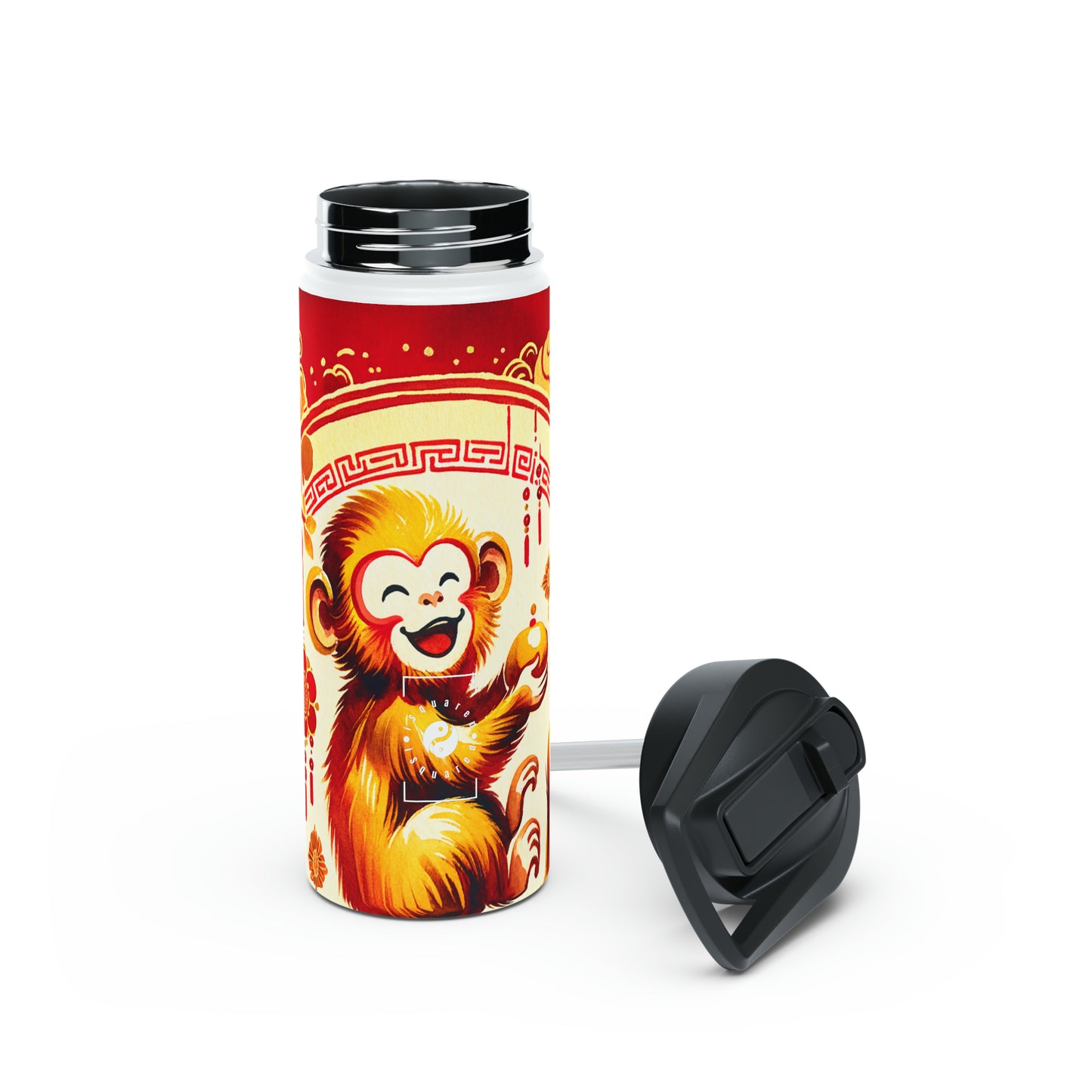 "Golden Simian Serenity in Scarlet Radiance" - Water Bottle