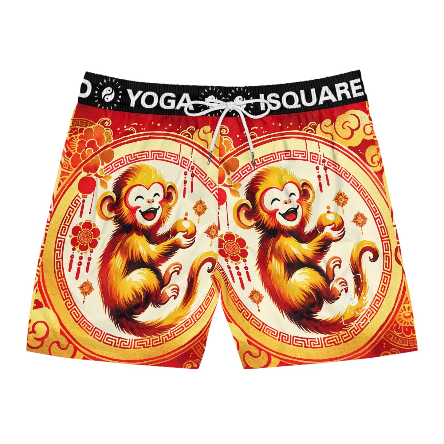 "Golden Simian Serenity in Scarlet Radiance" - Swim Shorts (Mid-Length) for Men