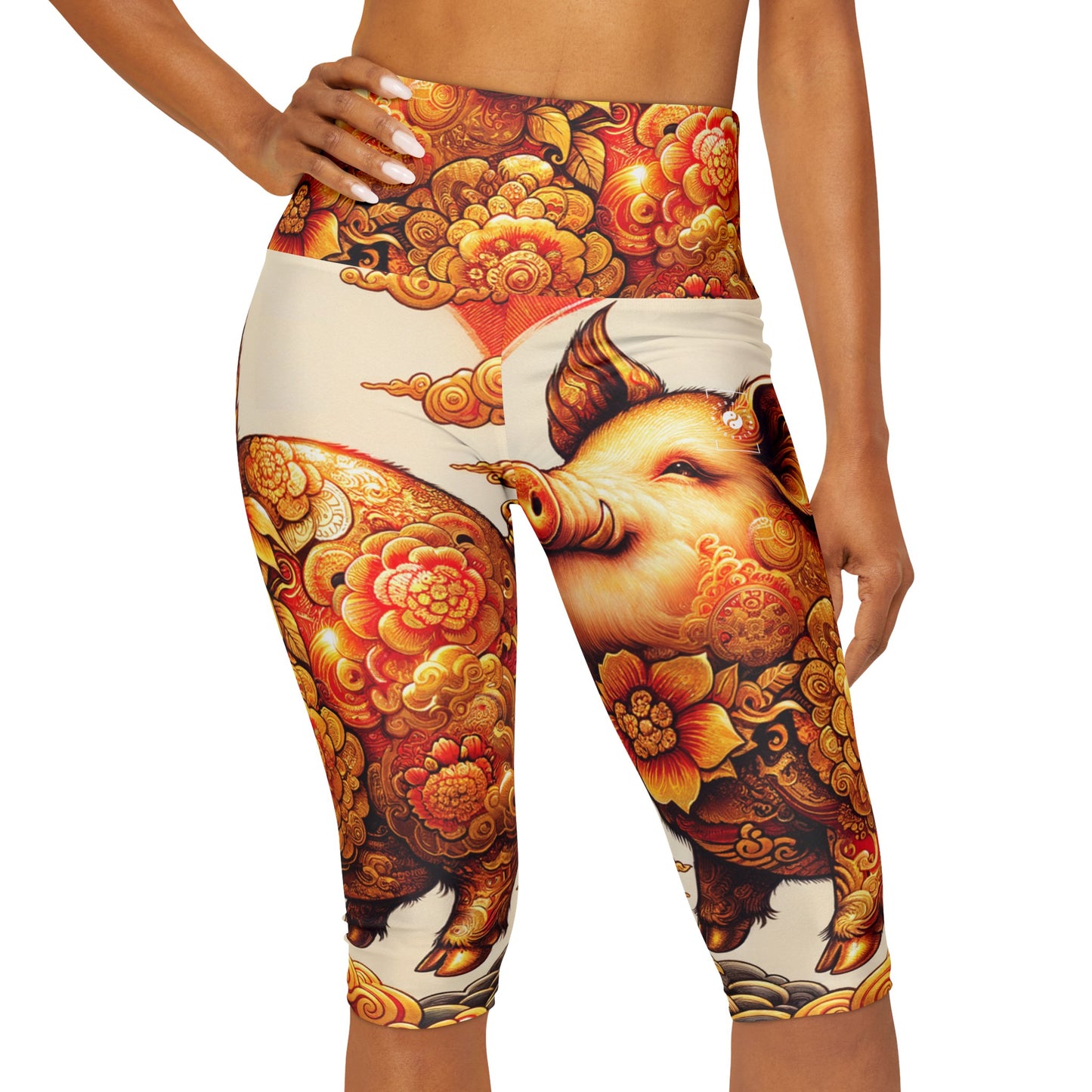 "Golden Prosperity: The Divine Swine Celebration" - High Waisted Capri Leggings