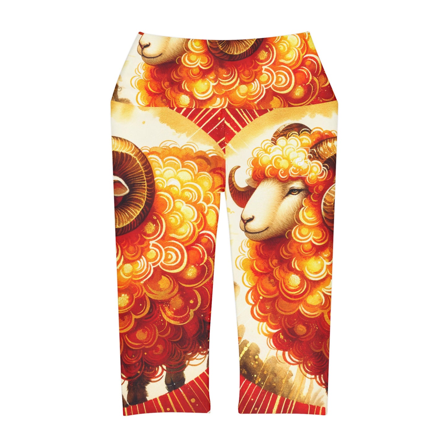 "Auspicious Gold of Divine Ewe: A Lunar New Year Revelry" - High Waisted Capri Leggings