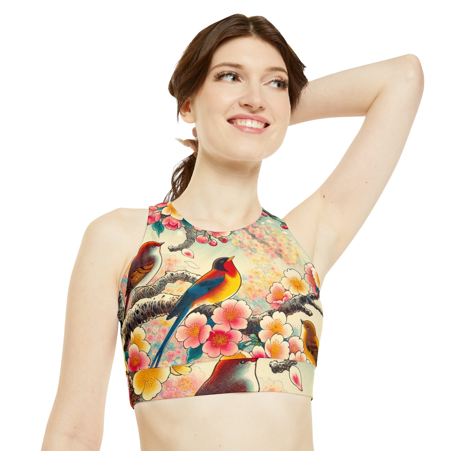 "Verdant Whispers: Sakura Chirping" - High Neck Crop Top