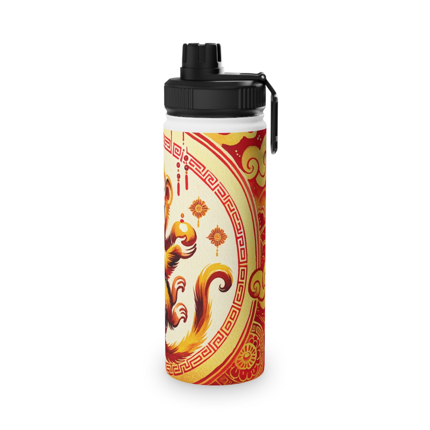 "Golden Simian Serenity in Scarlet Radiance" - Sports Water Bottle