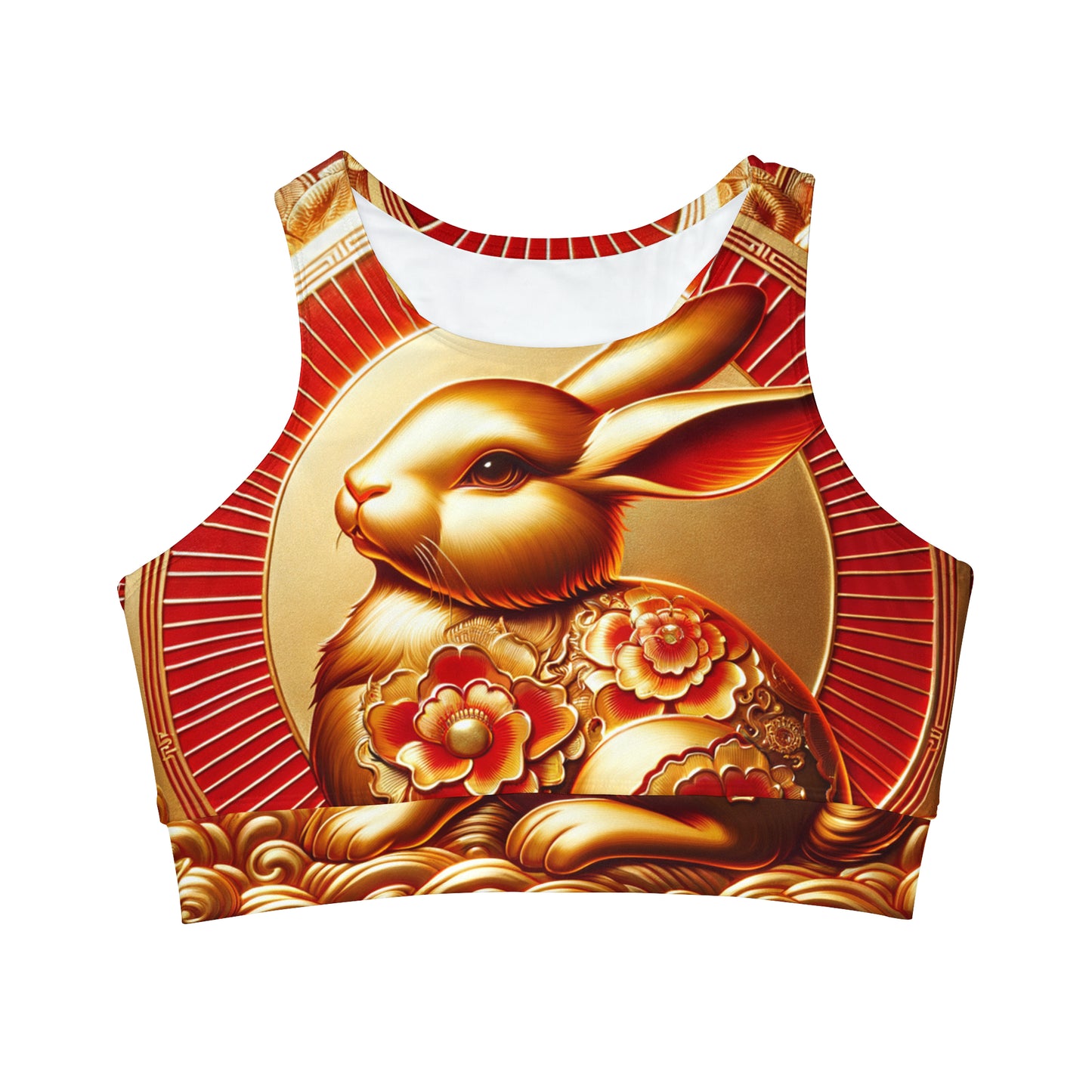 "Golden Blessings: Lunar Rabbit's Resplendence" - High Neck Crop Top