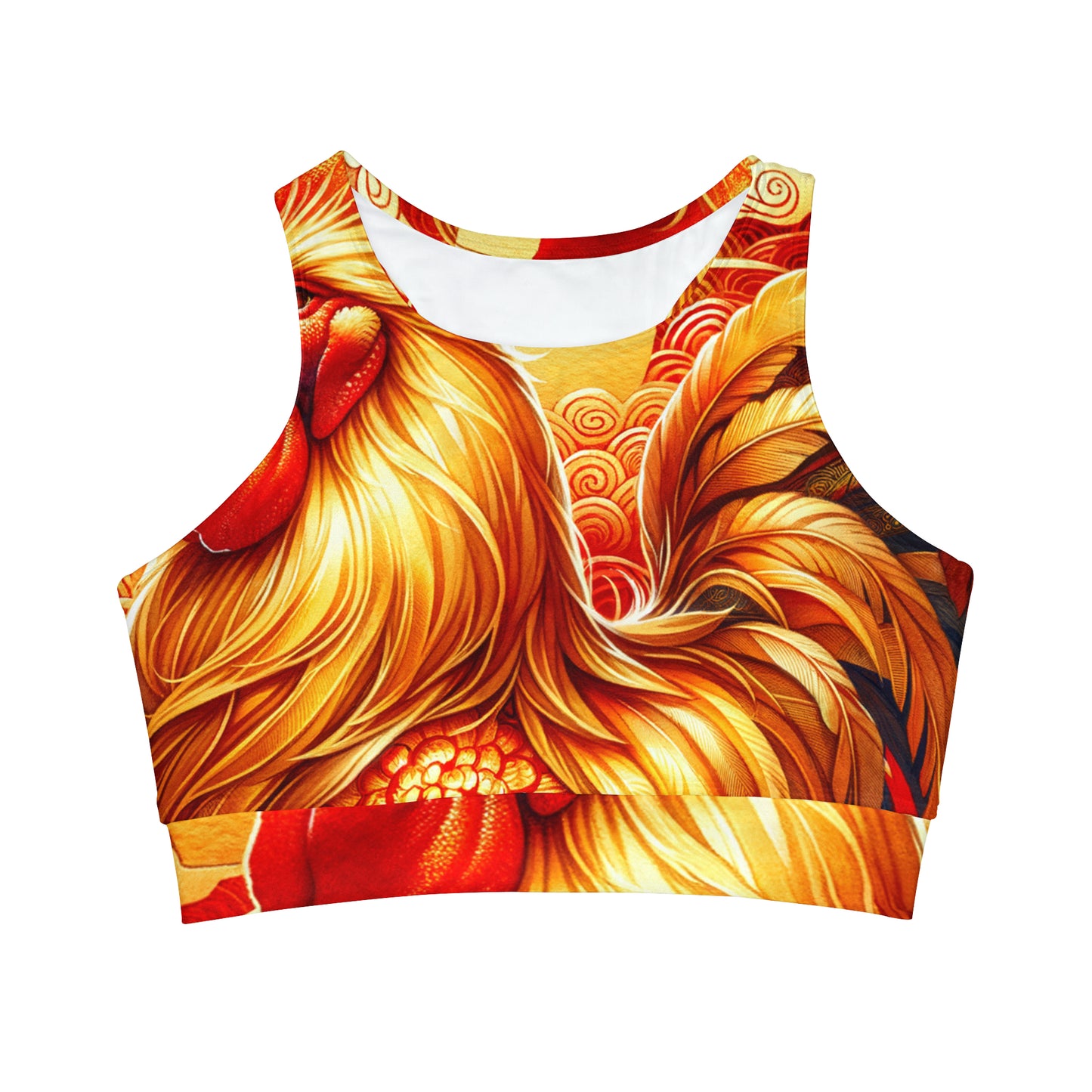 "Crimson Dawn: The Golden Rooster's Rebirth" - High Neck Crop Top