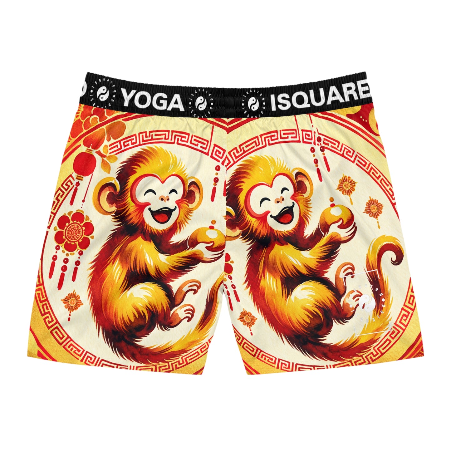 "Golden Simian Serenity in Scarlet Radiance" - Swim Shorts (Mid-Length) for Men