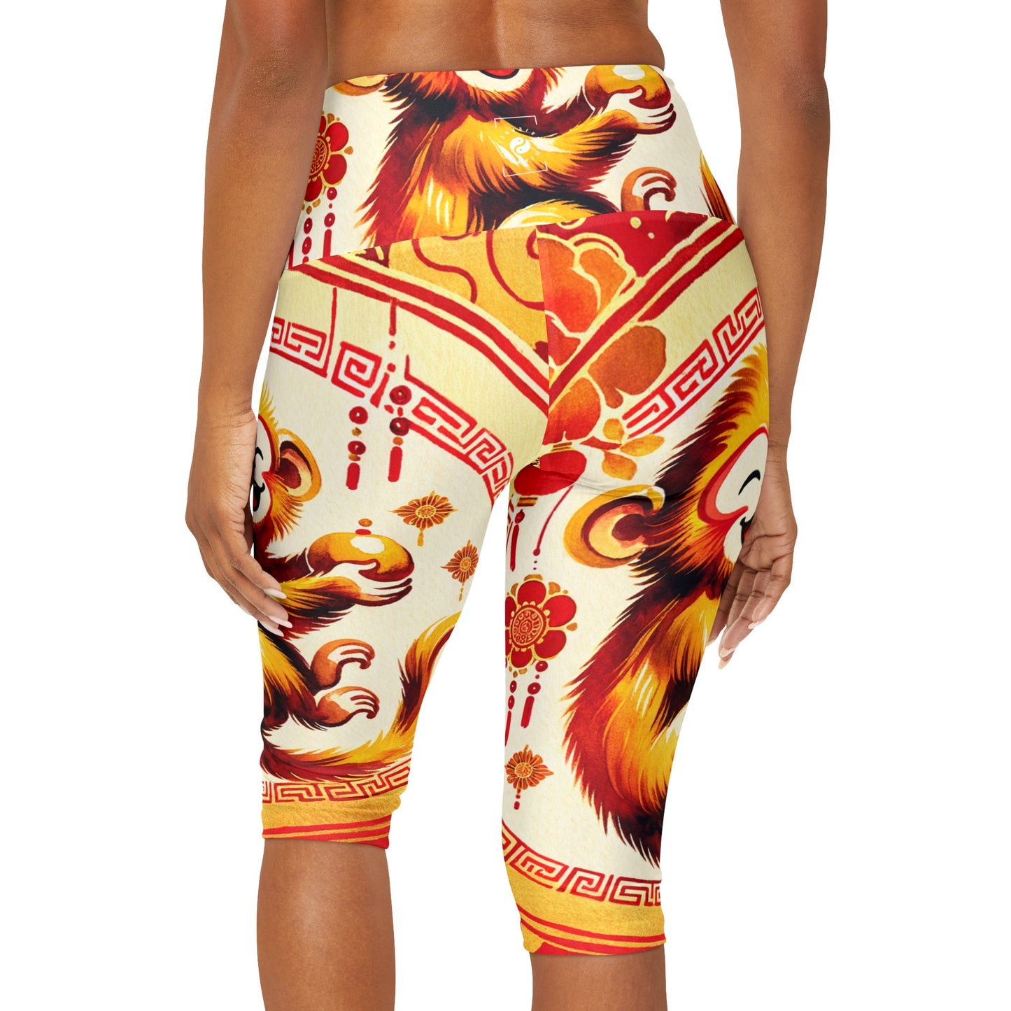 "Golden Simian Serenity in Scarlet Radiance" - High Waisted Capri Leggings