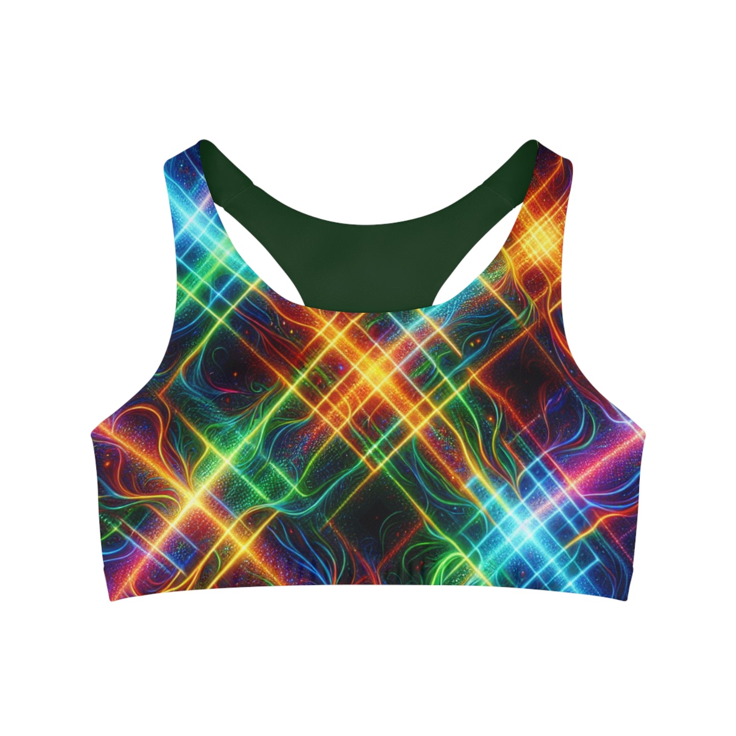 "Neon Plaid Luminosity Matrix" - Seamless Sports Bra