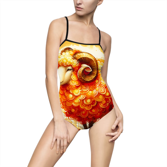 "Auspicious Gold of Divine Ewe: A Lunar New Year Revelry" - Openback Swimsuit
